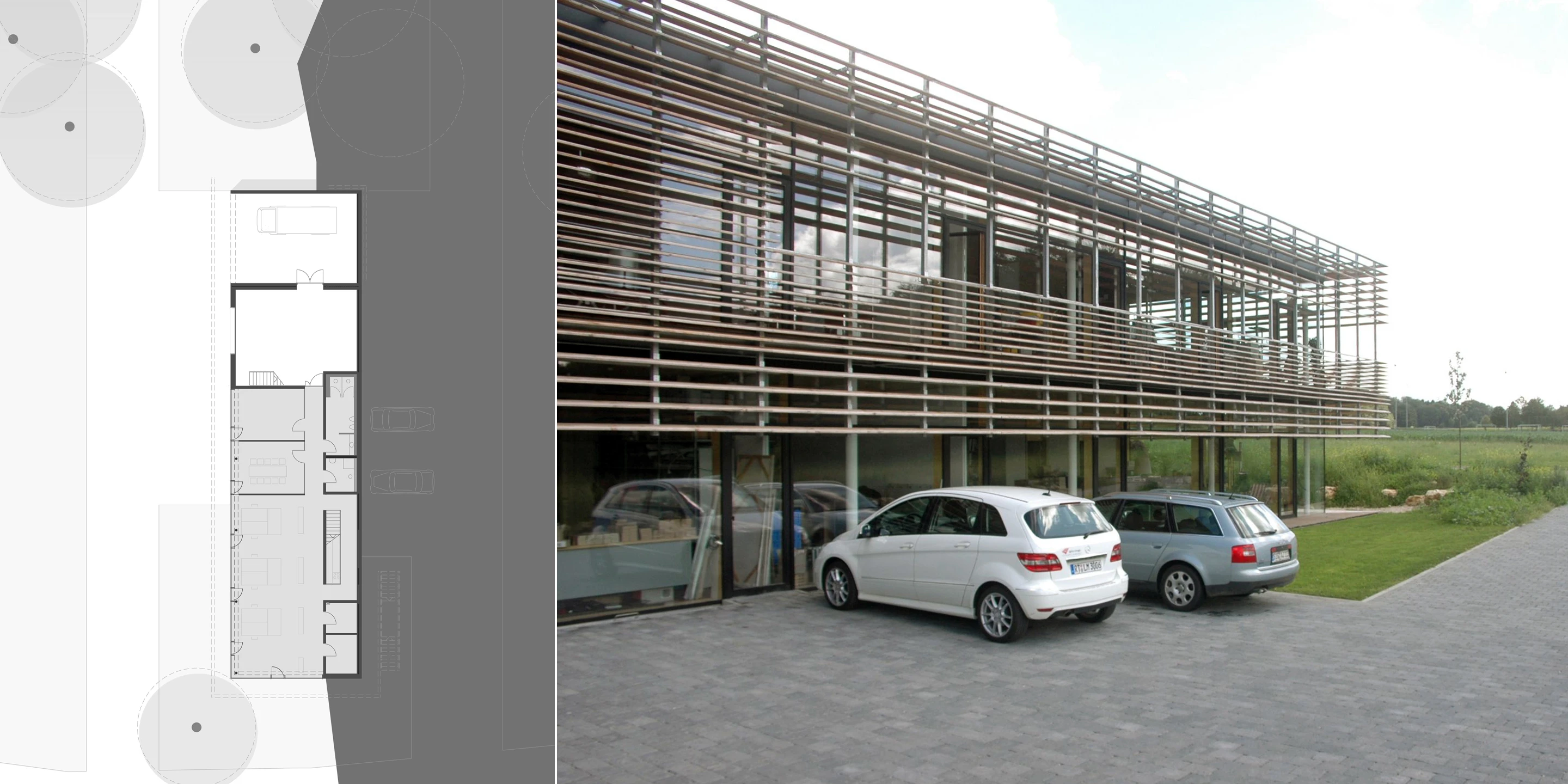 Neubau, Betontragwerk, Holztragwerk, Holzfassade, Glasfassade, Flachdach, Privat, Generalunternehmer, Büro, Verwaltung, Werkstatt,  Architektur, KTP, Kauffmann Theilig Partner, Freie Architekten PartGmbB, Stuttgart, 