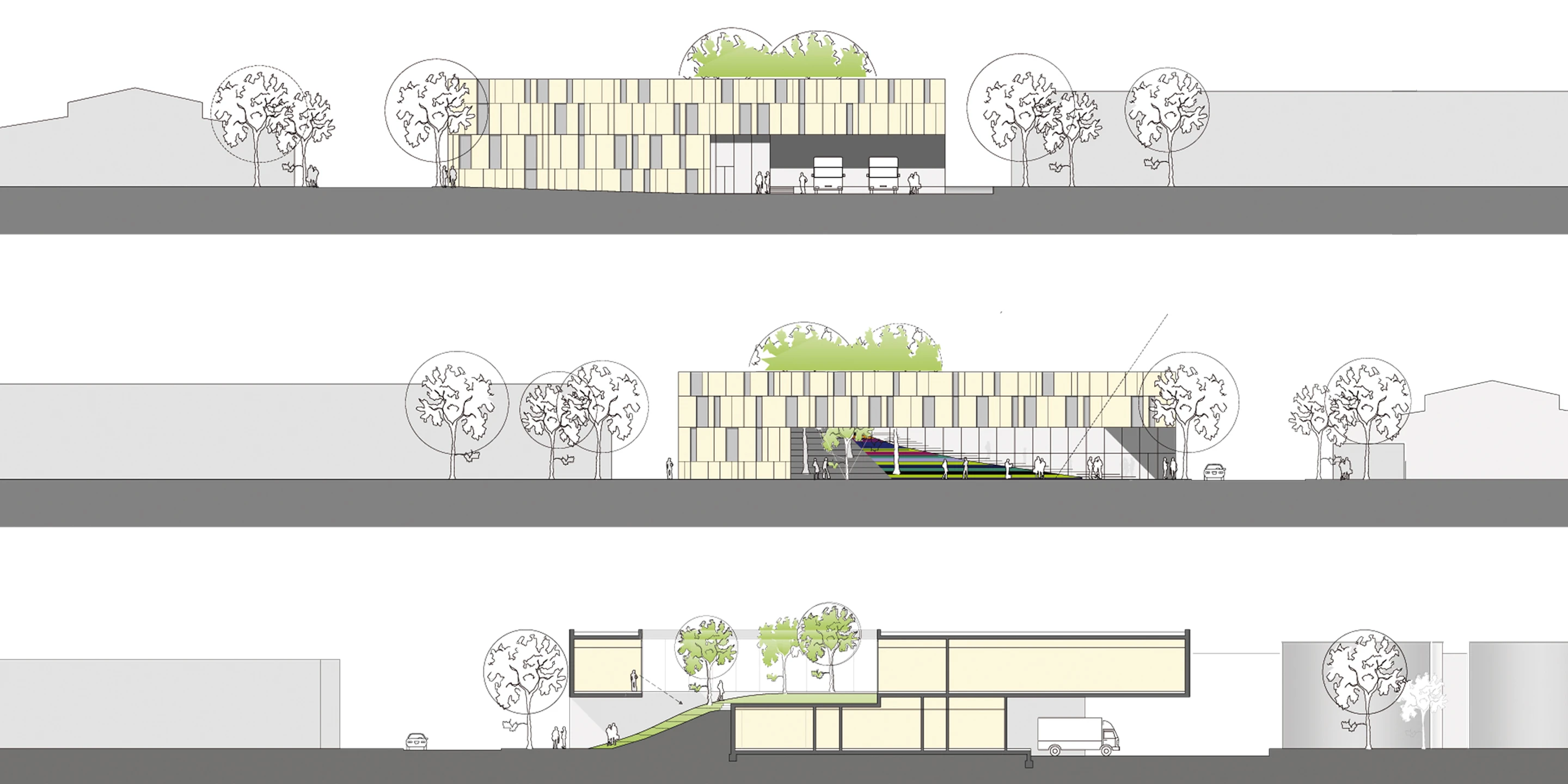 Neubau, Konzept, Betontragwerk, Glasfassade, Terrassen, Privat, Restaurant, Cafeteria, Gastronomie, Betriebsrestaurant, Merck, Darmstadt, Wettbewerb, Fassade, Baukörper, Städtebau, Architektur, KTP, Kauffmann Theilig Partner, Freie Architekten PartGmbB, Stuttgart, Lageplan, Schnitt, Grundriss, Modell, Rendering, Gutachten