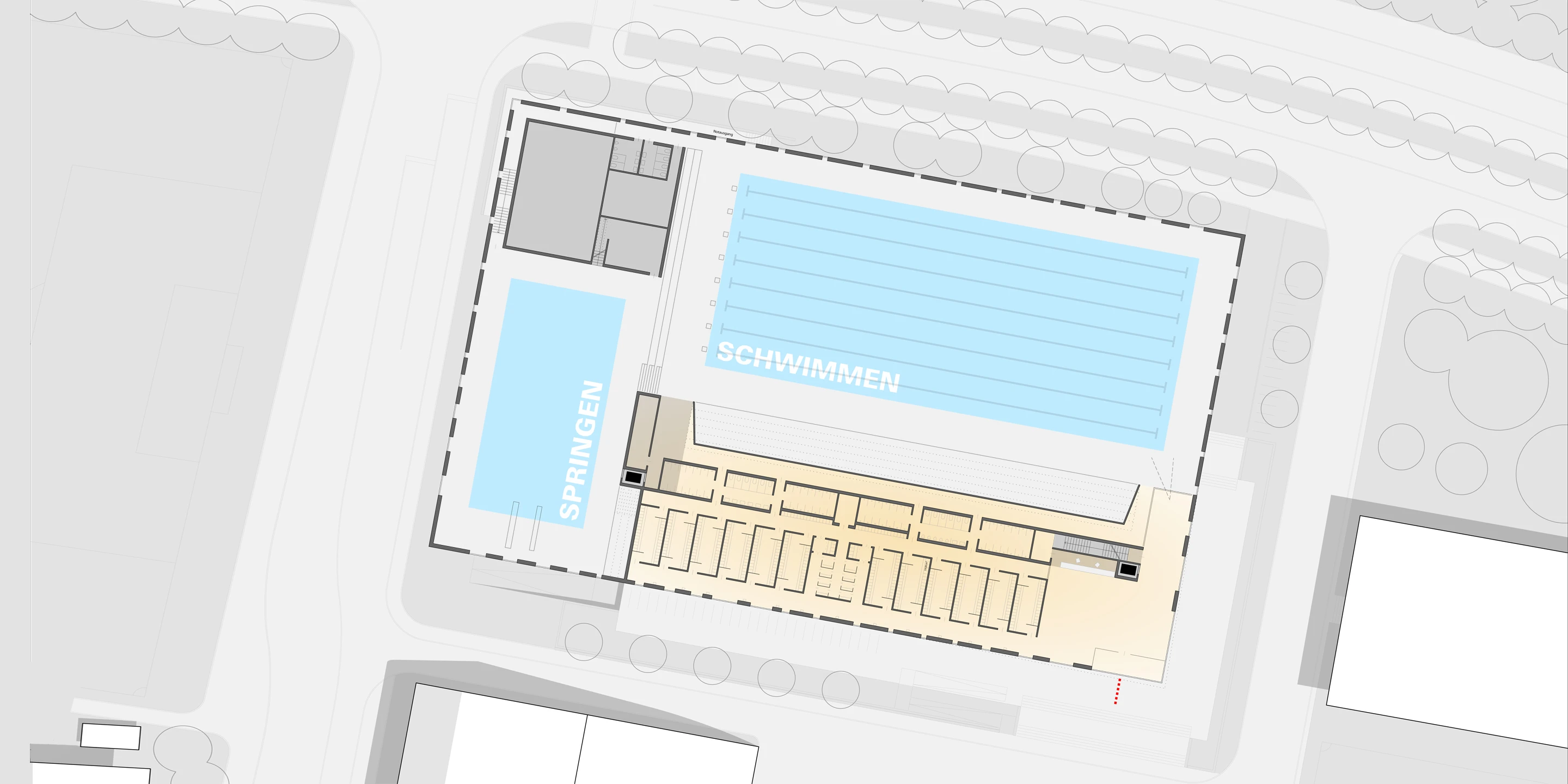 Sporthallenbad Neckarpark | Stuttgart Innerstädtisch, Neubau, Konzept, Stahl-Beton-Tragwerk, Glasfassade, Parkplatz, Sportflächen, Öffentliche Hand, Großprojekt, öffentlich zugänglich, Baden, Sport, Gastronomie, Architektur, KTP, Kauffmann Theilig Partner, Freie Architekten PartGmbB, Stuttgart