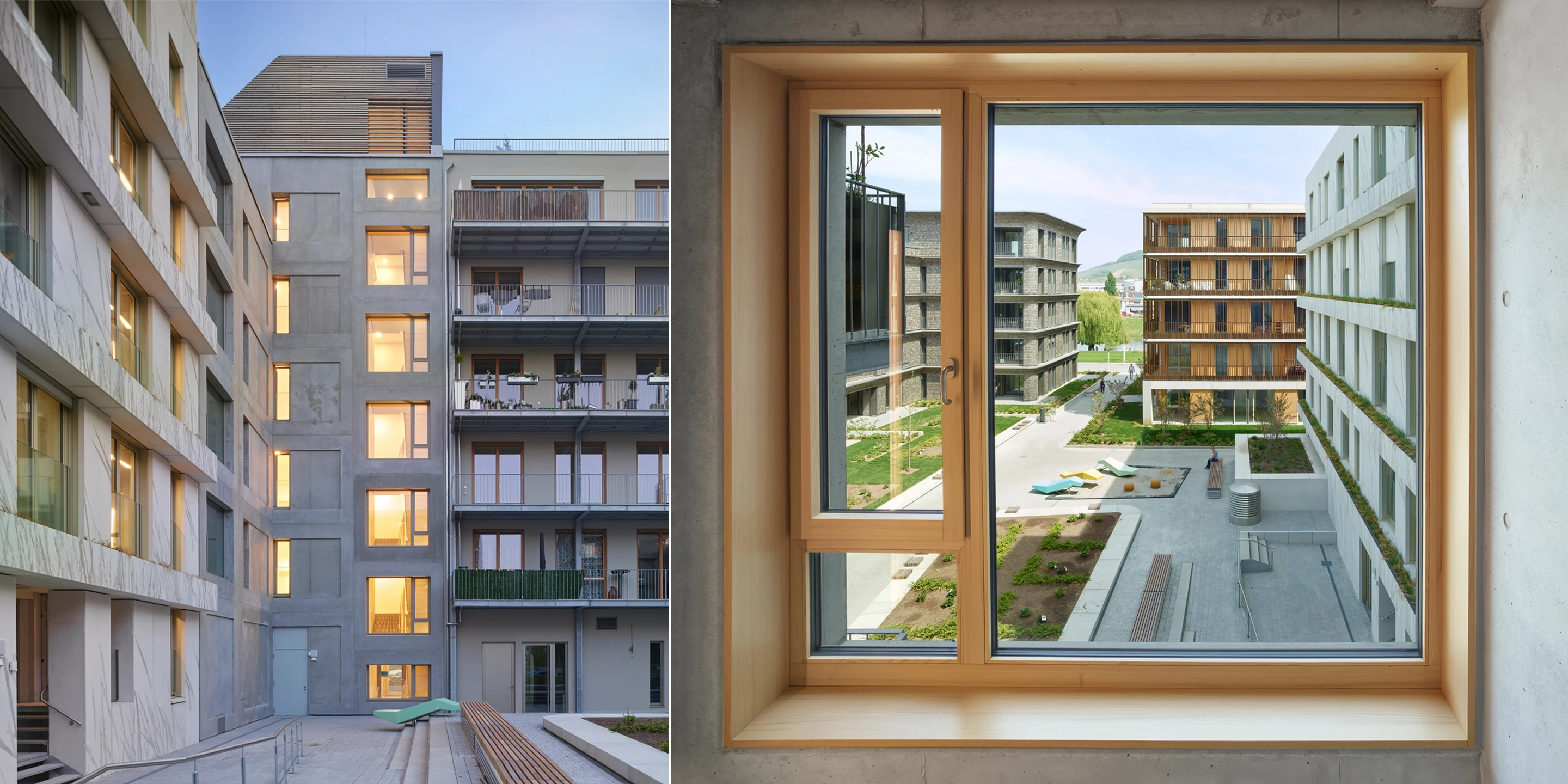 Wohnen auf Zeit Neckarbogen | Heilbronn Eckgebäude, Innerstädtisch, Neubau, Städtebau, Betontragwerk, Fertigteile, Lamelle, Metallfassade, Flachdach, Tiefgarage, Innenhof, Balkone, Investor, öffentlich zugänglich, Lamelle, Wohnen, Café, Service, Quatier, Gastronomie, Neckarbogen, Heilbronn, Quartier, Baordinghouse, Wohnung, Loggia, Dachlandschaft, Wohnungen, BUGA-Gelände, Fassade, Architektur, KTP, Kauffmann Theilig Partner, Freie Architekten PartGmbB, Stuttgart,