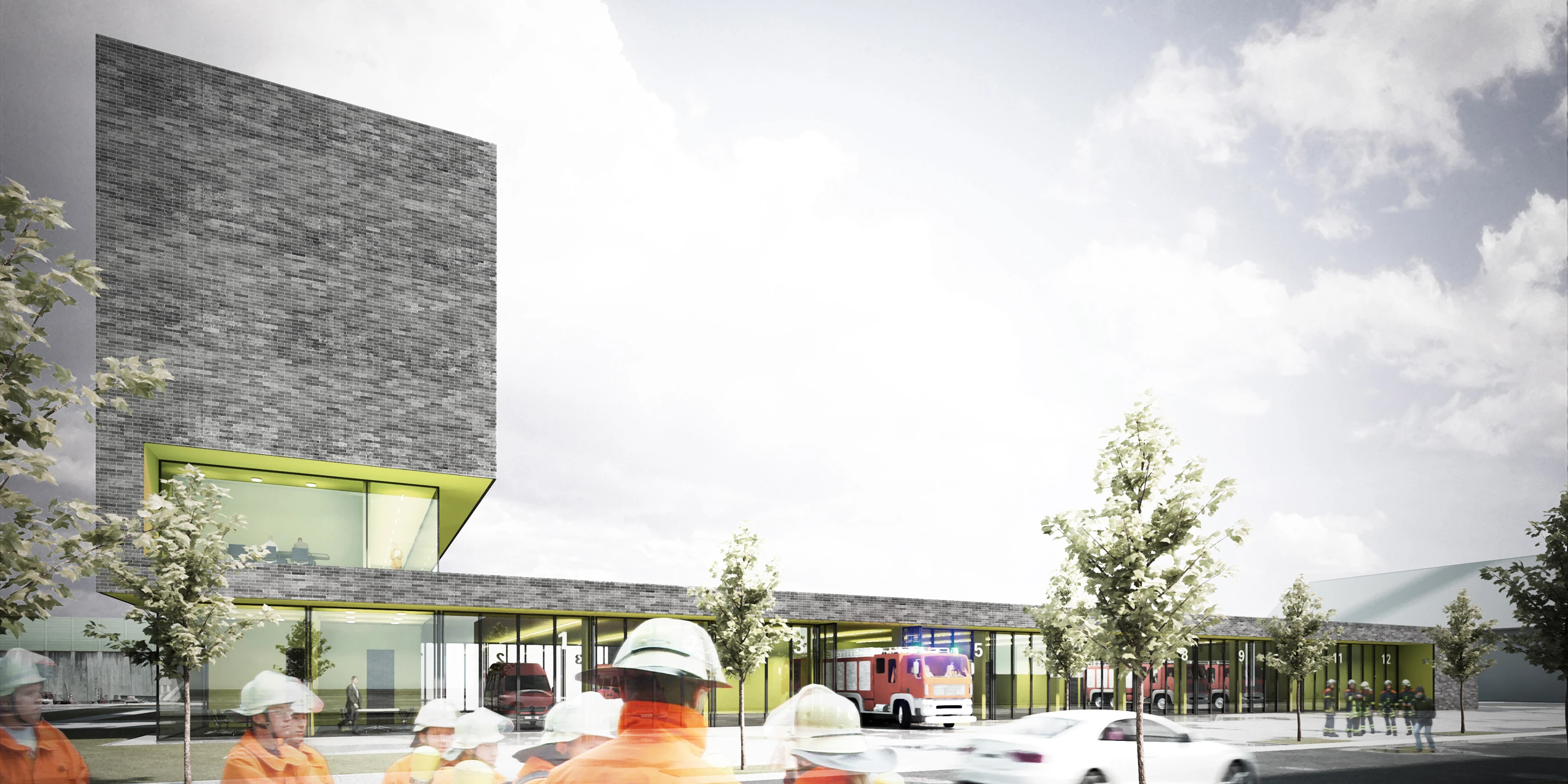 Neubau, Konzept, Betontragwerk, Glasfassade, Klinkerfassade, Flachdach, Innenhof, Öffentliche Hand, Feuerwehr, Büro, Verwaltung, Leitstelle, Aufenthalt, Schulung, Architektur, KTP, Kauffmann Theilig Partner, Freie Architekten PartGmbB, Stuttgart