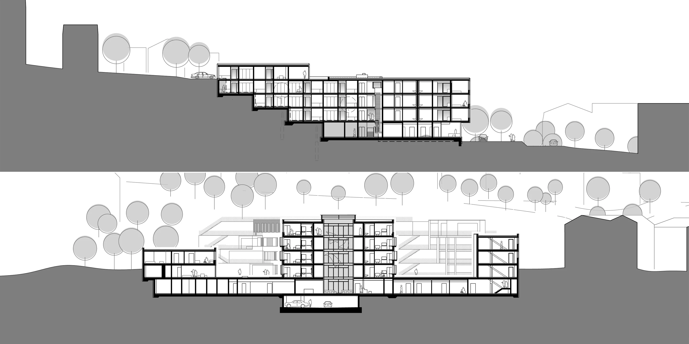 Seniorenzentrum Haus Waldenfels | Bad Brückenau Innerstädtisch, Neubau, Städtebau, Betontragwerk, WDVS, Flachdach, Dachbegrünung,Tiefgarage, Garten, Terrassen, Balkon, Platz, Erker, Atrium, Öffentliche Hand, öffentlich zugänglich, Großprojekt, Wohnen, Pflege, Restaurant, Aufenthalt, Büro, Verwaltung, Shops, Bad Brückenau, Seniorenwohnen, Gastronomie, Landschaft, Gesundheit, Sozial, Terrasse, Dachbegrünung, Kantine, KTP, Architektur, Kauffmann Theilig Partner, Stuttgart, Schnitt