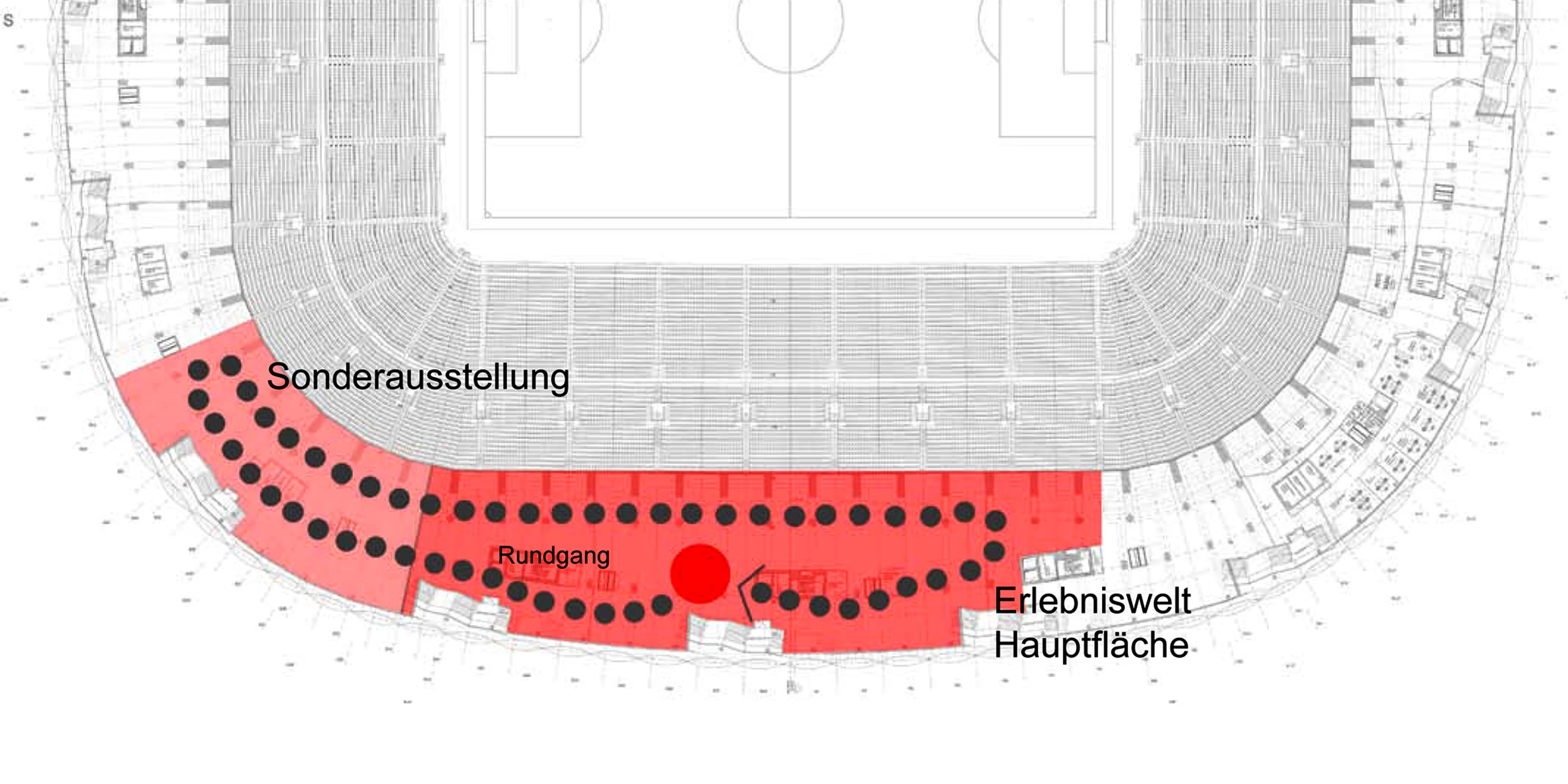 Erlebniswelt FC Bayern Allianz Arena | München Bestandschutz, Ausbau, Innenraum, Konzept, Farbe, Medienwand, Lichtinstallation, Rolltreppe, Privat, öffentlich zugänglich, Museum, Architektur, KTP, Kauffmann Theilig Partner, Freie Architekten PartGmbB, Stuttgart