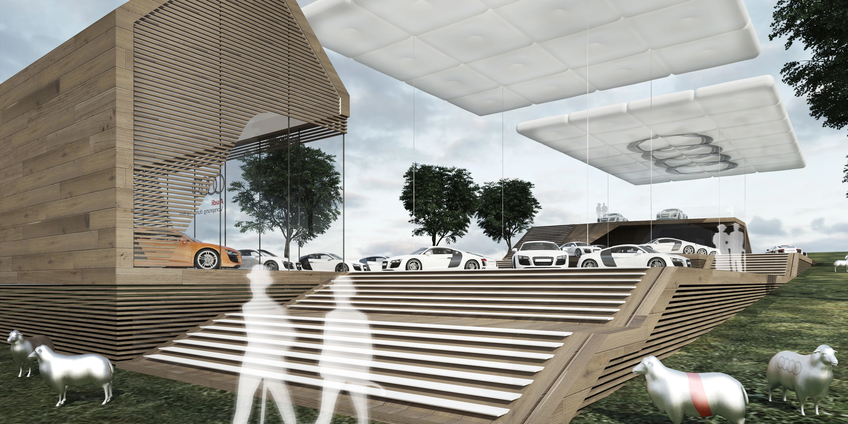Audi Festival of Speed 2015 | Goodwood Solitär, Neubau, Temporär, Konzept, Modular, Wiederverwertbar, Stahl-Holz-Tragwerk, Holzfassade, PVC-Folie, Garten, Privat, öffentlich zugänglich, Ausstellung, Café, Aufenthalt, Shop, Architektur, KTP, Kauffmann Theilig Partner, Freie Architekten PartGmbB, Stuttgart