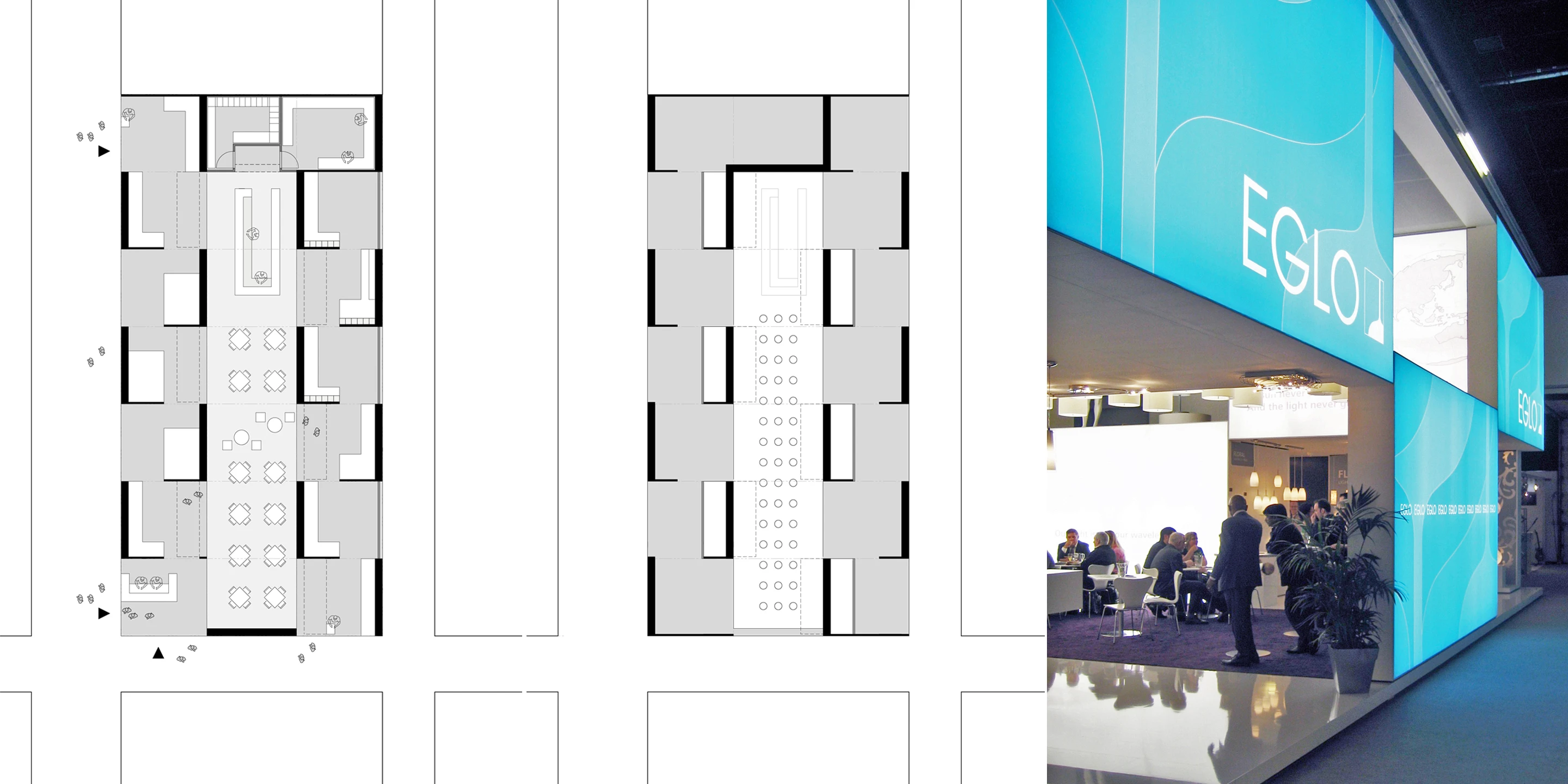 Messeserie EGLO 2010-2012 | Weltweit Ausbau, Temporär, Innenraum, Modular, Wiederverwertbar, Stahltragwerk, Textil, Privat, öffentlich zugänglich, Ausstellung, Café, Architektur, KTP, Kauffmann Theilig Partner, Freie Architekten PartGmbB, Stuttgart, Messe, Markenauftritt, Gastronomie, Bar, Restaurant, Licht, Leuchten, Eglo, Light + Building