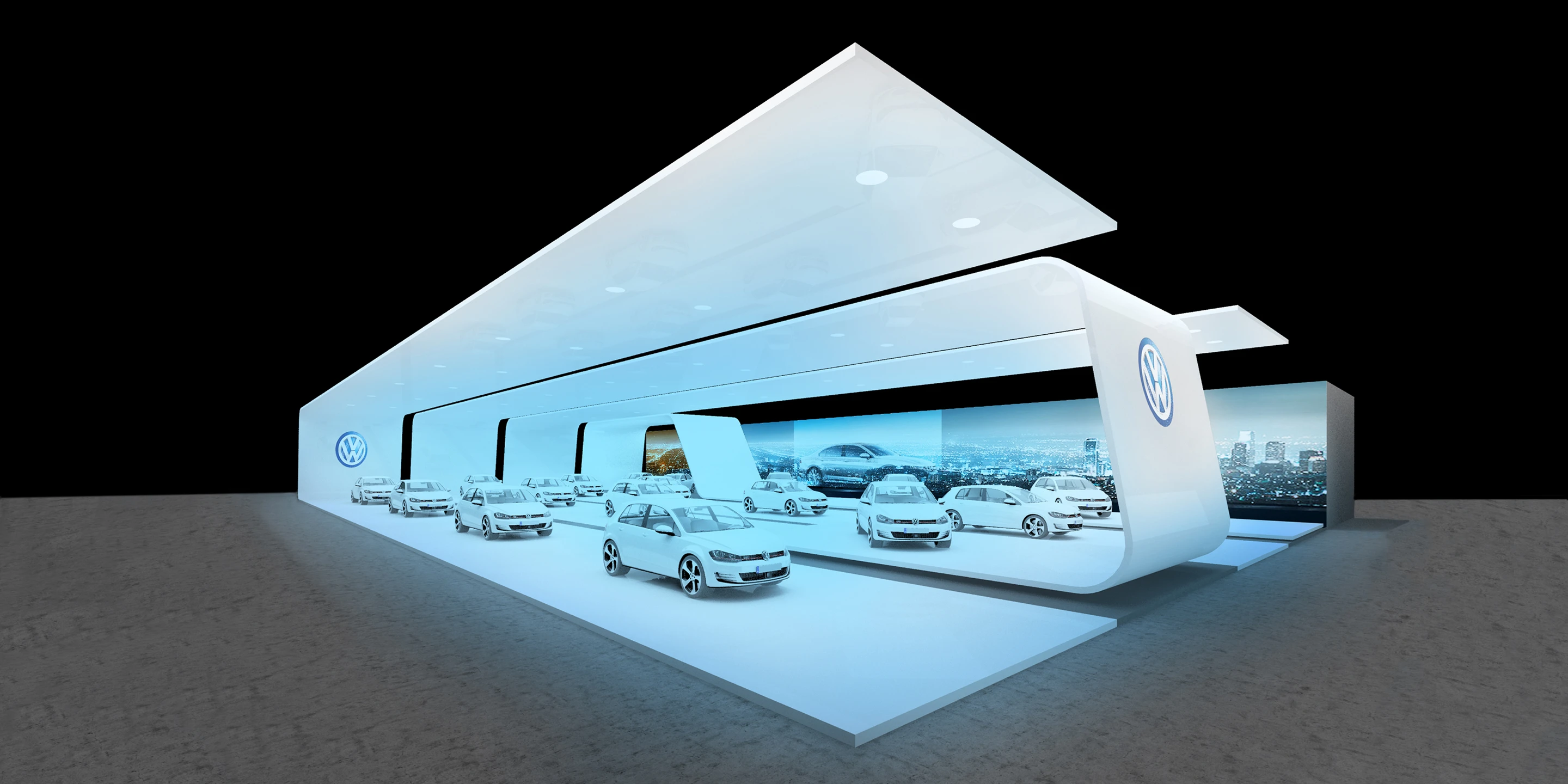 VW B-Messeset | Weltweit Ausbau, Temporär, Konzept, Innenraum, Modular, Wiederverwertbar, Stahl-Holz-Tragwerk, Textil, LED, Lichtinstallation, Privat, öffentlich zugänglich, Ausstellung, Shop, Büro, Café, Messe, Markenauftritt, VW, Volkswagen, B-Messeset, Rendering, Visualisierung, Wettbewerb, Architektur, KTP, Kauffmann Theilig Partner, Stuttgart, Auto, Fahrzeug, Automobil