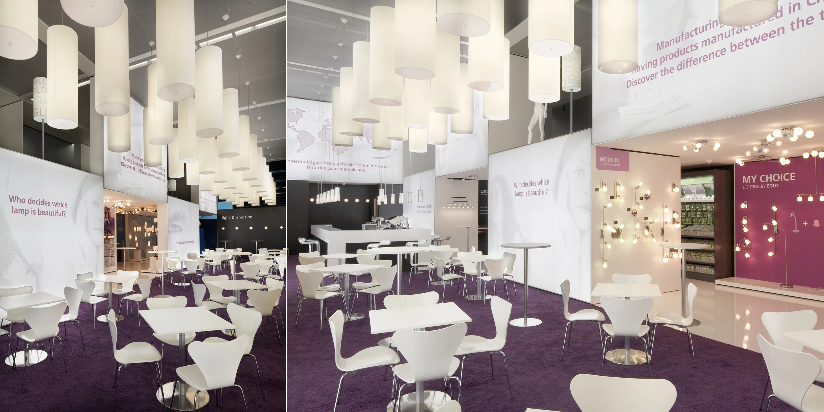 Messeserie EGLO 2010-2012 | Weltweit Ausbau, Temporär, Innenraum, Modular, Wiederverwertbar, Stahltragwerk, Textil, Privat, öffentlich zugänglich, Ausstellung, Café, Architektur, KTP, Kauffmann Theilig Partner, Freie Architekten PartGmbB, Stuttgart, Messe, Markenauftritt, Gastronomie, Bar, Restaurant, Licht, Leuchten, Eglo, Light + Building