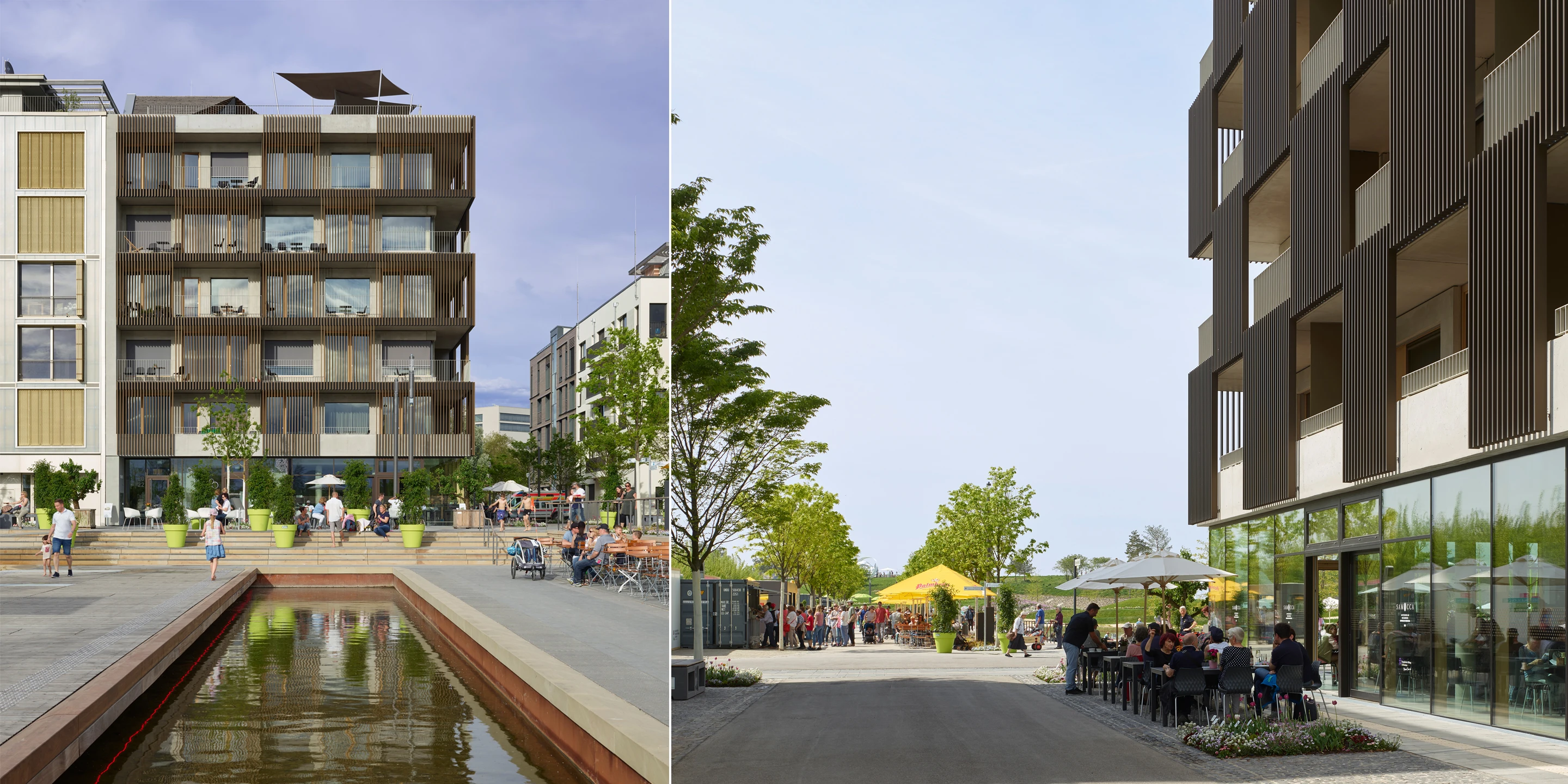 Wohnen auf Zeit Neckarbogen | Heilbronn Eckgebäude, Innerstädtisch, Neubau, Städtebau, Betontragwerk, Fertigteile, Lamelle, Metallfassade, Flachdach, Tiefgarage, Innenhof, Balkone, Investor, öffentlich zugänglich, Lamelle, Wohnen, Café, Service, Quatier, Gastronomie, Neckarbogen, Heilbronn, Quartier, Baordinghouse, Wohnung, Loggia, Dachlandschaft, Wohnungen, BUGA-Gelände, Fassade, Architektur, KTP, Kauffmann Theilig Partner, Freie Architekten PartGmbB, Stuttgart,