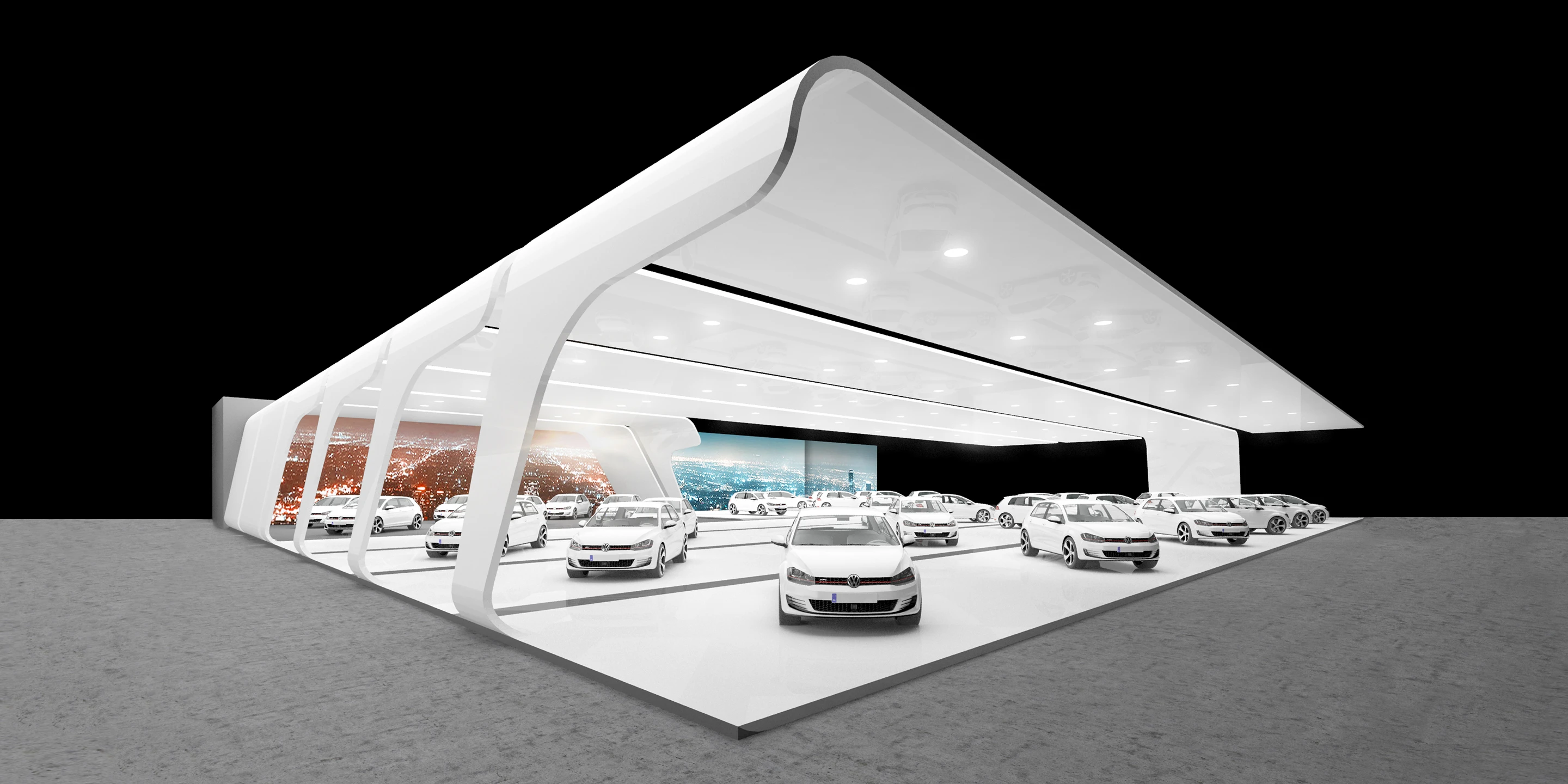 VW B-Messeset | Weltweit Ausbau, Temporär, Konzept, Innenraum, Modular, Wiederverwertbar, Stahl-Holz-Tragwerk, Textil, LED, Lichtinstallation, Privat, öffentlich zugänglich, Ausstellung, Shop, Büro, Café, Messe, Markenauftritt, VW, Volkswagen, B-Messeset, Rendering, Visualisierung, Wettbewerb, Architektur, KTP, Kauffmann Theilig Partner, Stuttgart, Auto, Fahrzeug, Automobil
