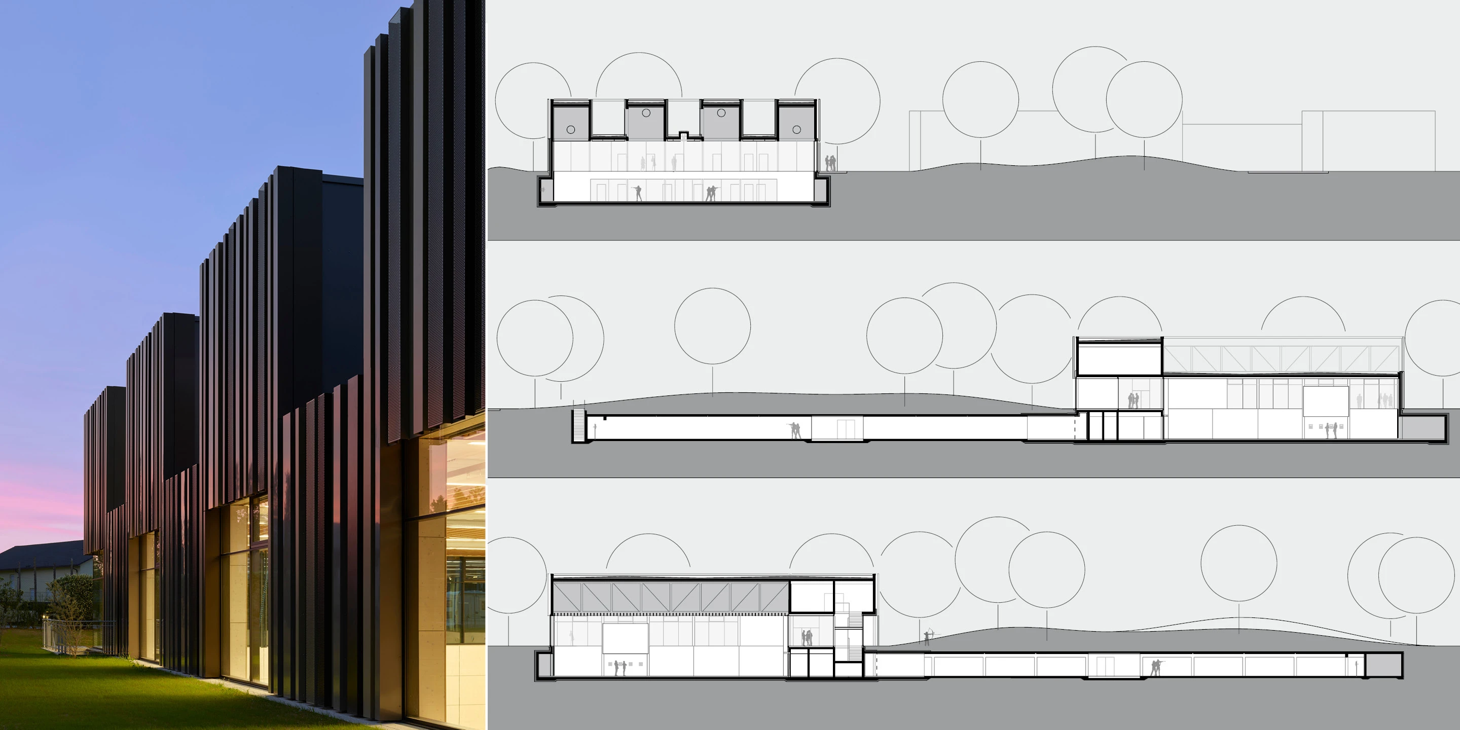 Solitär, Neubau, Beton-Holz-Tragwerk, Glasfassade, Metallfassade, Flachdach, Dachbegrünung, Park, Privat, Sport, Schießen, Büro, Schulung, Architektur, KTP, Kauffmann Theilig Partner, Freie Architekten PartGmbB, Stuttgart