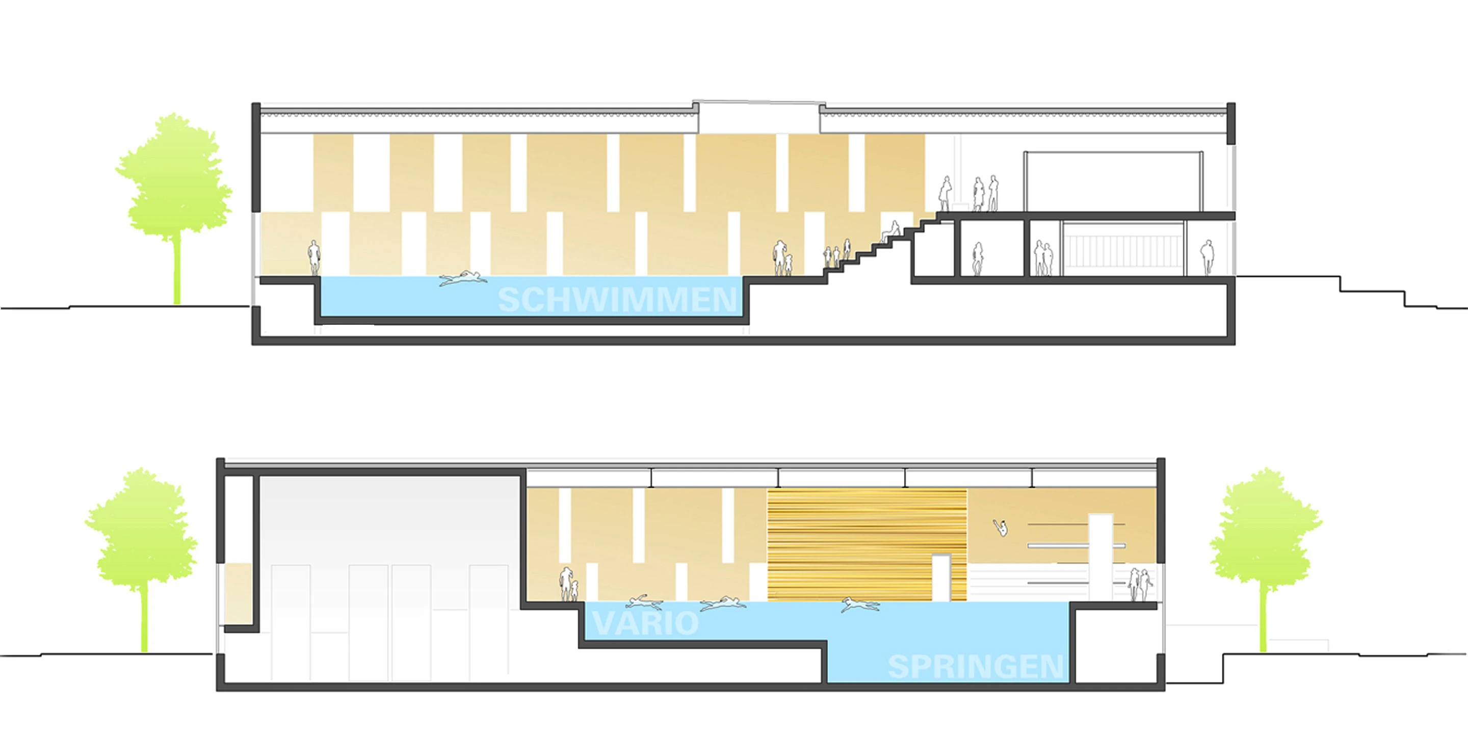 Sporthallenbad Neckarpark | Stuttgart Innerstädtisch, Neubau, Konzept, Stahl-Beton-Tragwerk, Glasfassade, Parkplatz, Sportflächen, Öffentliche Hand, Großprojekt, öffentlich zugänglich, Baden, Sport, Gastronomie, Architektur, KTP, Kauffmann Theilig Partner, Freie Architekten PartGmbB, Stuttgart
