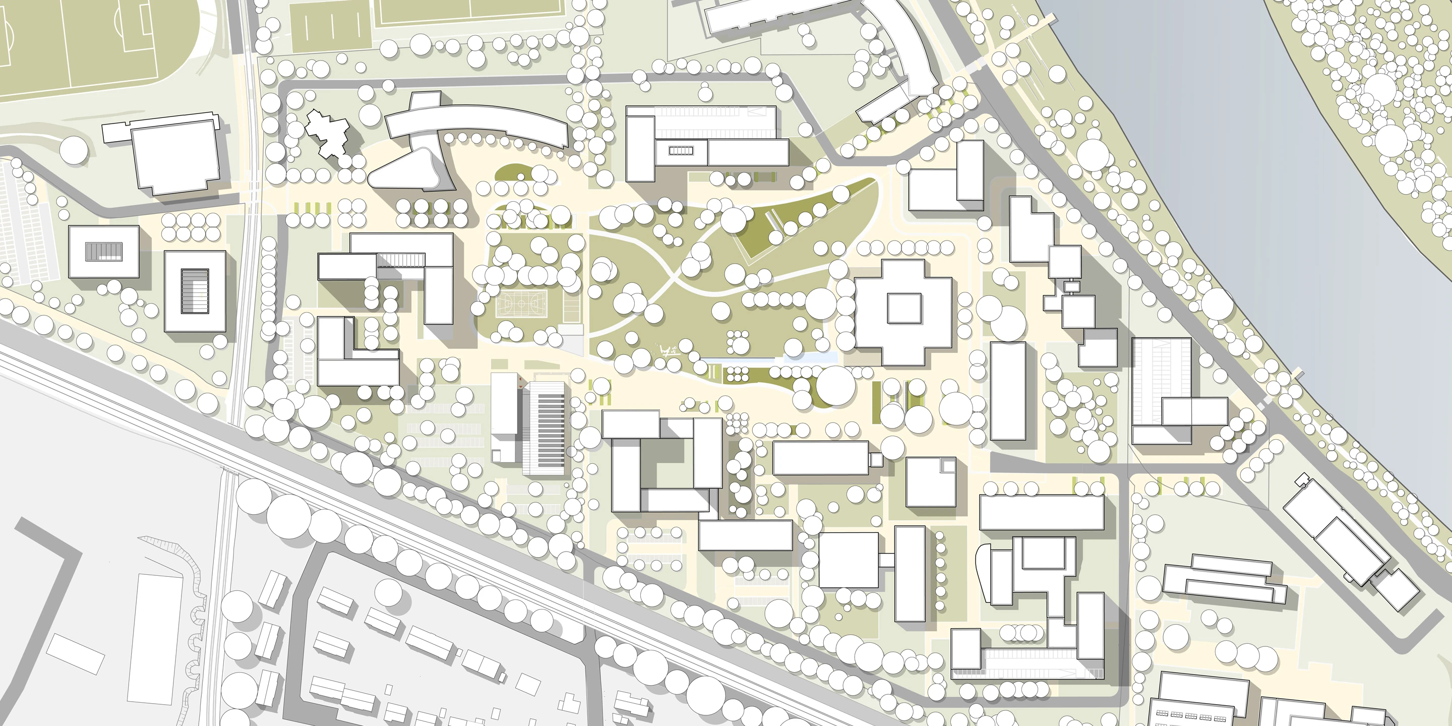 SRH Campus Heidelberg, Wettbewerb, Realisierungswettbewerb, 2. Preis, Wohnen, Wohneinheit, Studentisches Wohnen, Student Appartements, 1- und 2-Zimmer Appartements, Wohnturm, Balkon, Loggia, Neubau, Atrium, Gebäudefuge, Sportgebäude, Sport, Sporteinrichtungen, Baden, Hallenbad, Schwimmbad, Klettern, Kletterwand, Fitness, Sauna, Sporthalle, teilbare Zweifachsporthalle, Dachoberlichter, Tiefgarage, Stellplätze, Behindertenparkplätze, Stahlbeton, Fassade, Aluminium Pfosten Riegelfassade, Lamellen, Baukörper, Städtebau, Architektur, KTP, Kauffmann Theilig Partner, Freie Architekten PartGmbB, Stuttgart, Lageplan, Schnitt, Grundriss, Rendering, Visualisierung
