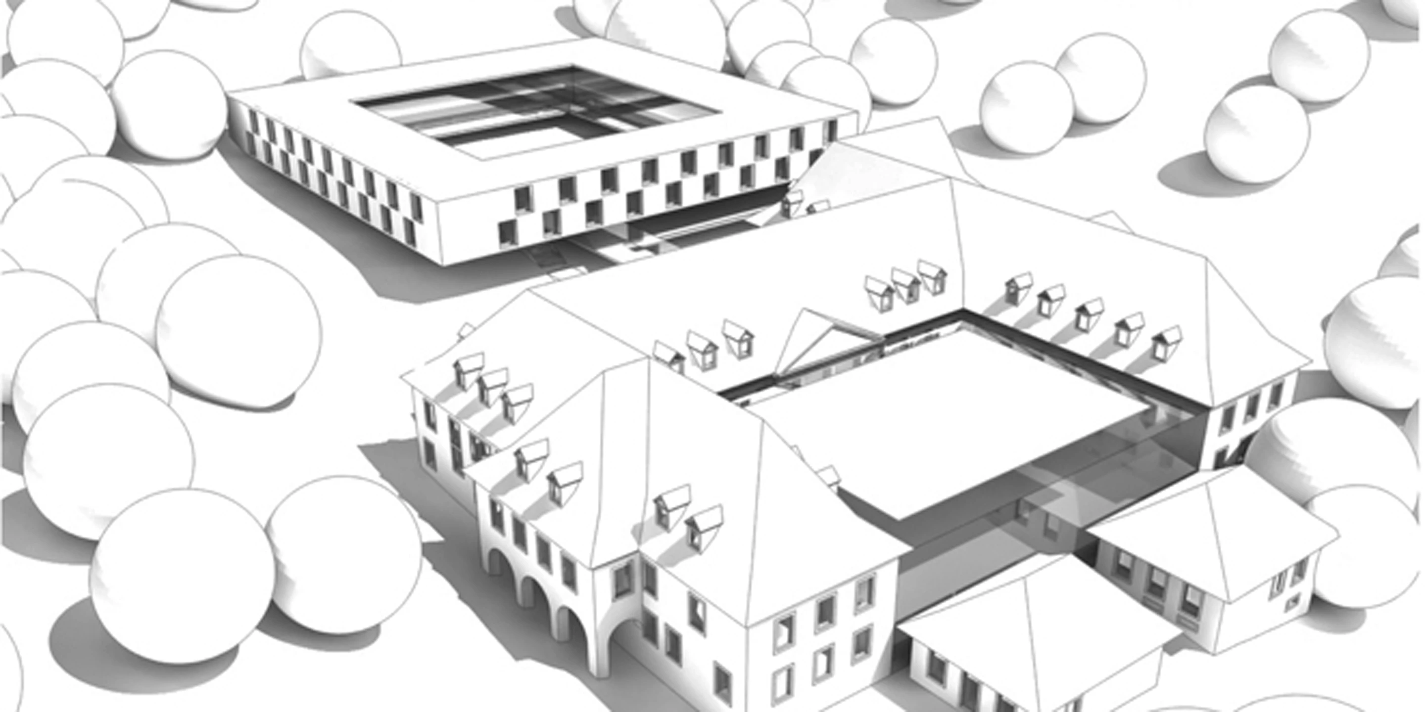 b, 3. Preis, CompetDenkmalschutz, Erweiterung, Konzept, Betontragwerk, Glasfassade, Flachdach, Dachbegrünung, Garten, Privat, Wohnen, Mensa, Aufenthalt, Architektur, KTP, Kauffmann Theilig Partner, Freie Architekten PartGmbB, Stuttgartitionline, Renderings, Visualisierung, Architektur, KTP, Kauffmann Theilig Partner, Freie Architekten PartGmbB, Stuttgart, Lageplan, Schnitt, Grundriss, Modell