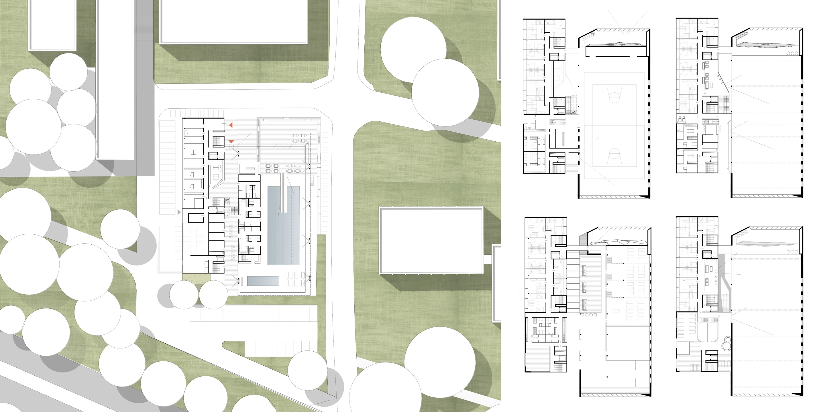 SRH Campus Heidelberg, Wettbewerb, Realisierungswettbewerb, 2. Preis, Wohnen, Wohneinheit, Studentisches Wohnen, Student Appartements, 1- und 2-Zimmer Appartements, Wohnturm, Balkon, Loggia, Neubau, Atrium, Gebäudefuge, Sportgebäude, Sport, Sporteinrichtungen, Baden, Hallenbad, Schwimmbad, Klettern, Kletterwand, Fitness, Sauna, Sporthalle, teilbare Zweifachsporthalle, Dachoberlichter, Tiefgarage, Stellplätze, Behindertenparkplätze, Stahlbeton, Fassade, Aluminium Pfosten Riegelfassade, Lamellen, Baukörper, Städtebau, Architektur, KTP, Kauffmann Theilig Partner, Freie Architekten PartGmbB, Stuttgart, Lageplan, Schnitt, Grundriss, Rendering, Visualisierung
