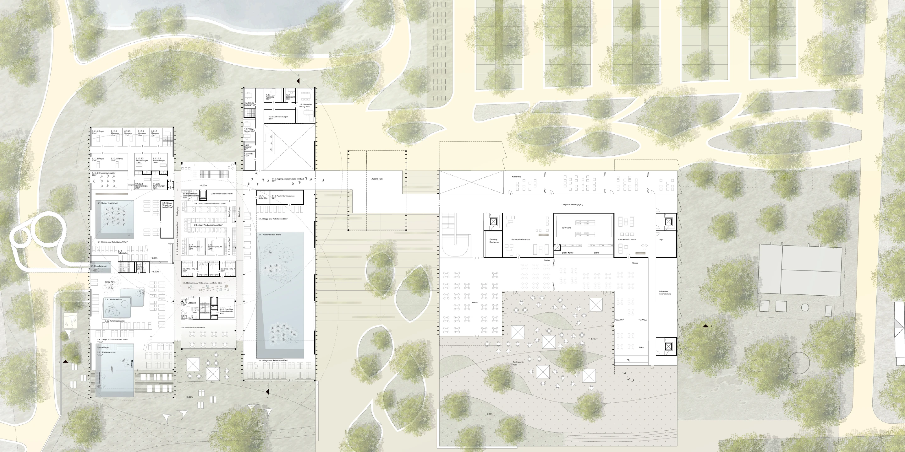 Neubau Aquaföhr und Hotel | Wyk auf Föhr Neubau, Wörth, Baden, Sport, Freizeit, Wellness, Spa, Sauna, Hotel, Architektur, KTP, Kauffmann Theilig Partner, Freie Architekten PartGmbB, Stuttgart, Bäderkonzept, Grundriss, Rendering, Visualisierung, Schnitt, Lageplan