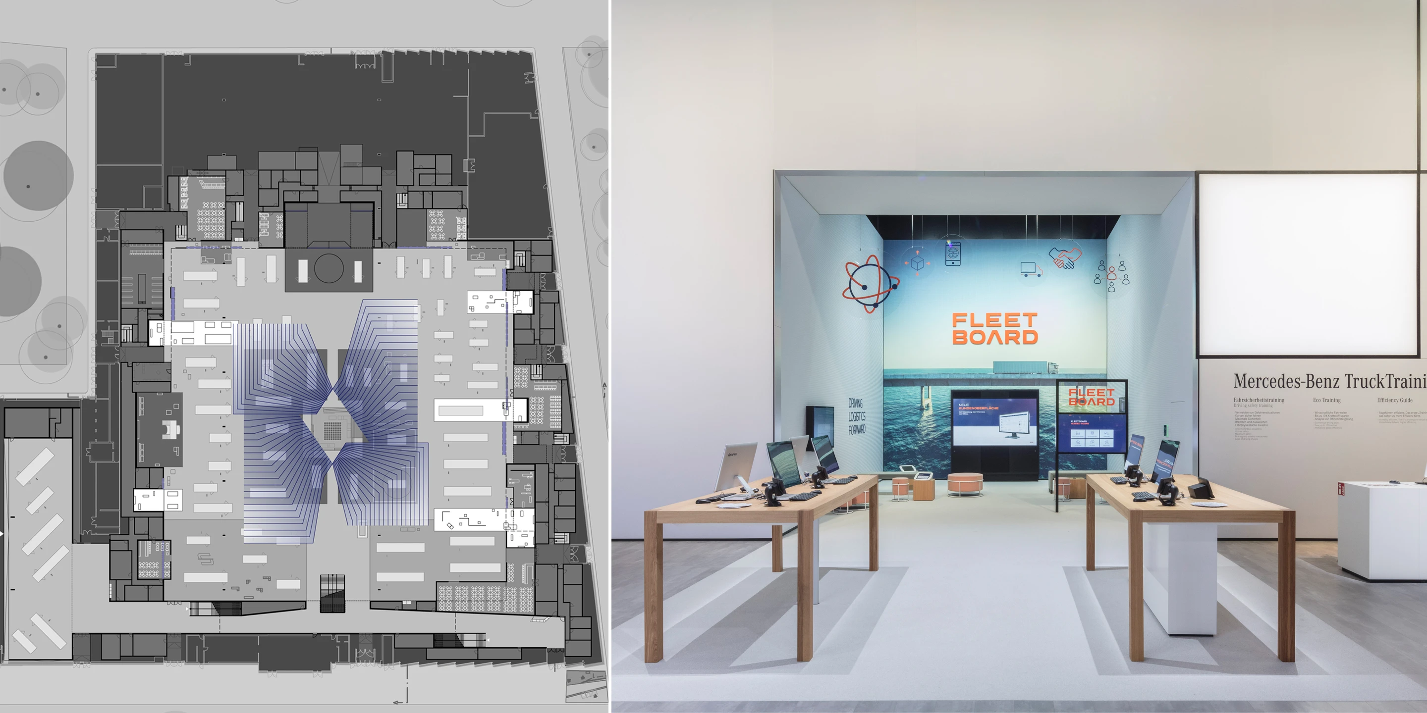 Ausbau, Temporär, Freiform, Innenraum, Holz-Stahl-Tragwerk, Lamelle, LED, Lichtinstallation, Lichtdecke, Bühne, Privat, Großprojekt, öffentlich zugänglich, Ausstellung, Gastronomie, Shop, Büros, IAA, Hannover, Nutzfahrzeuge, Daimler, Mercedes-Benz, Messen, Markenauftritt, Messeauftritt, Trucks, Fuso, Setra, Standfläche, Deckenkonstruktion, medial, Highlight, e-Mobility, Fleetboard, Actros Highlight, Powertrain, MB Pro, Digital Services/Omniplus, Kommunikation, Hauptbühne, Markenwand, Medienfläche, Trucks and Busses for the world,   Intro Bereich, Architektur, KTP, Kauffmann Theilig Partner, Freie Architekten PartGmbB, Stuttgart, MUTABOR, DISPLAY INTERNATIONAL, Markus Bollen 