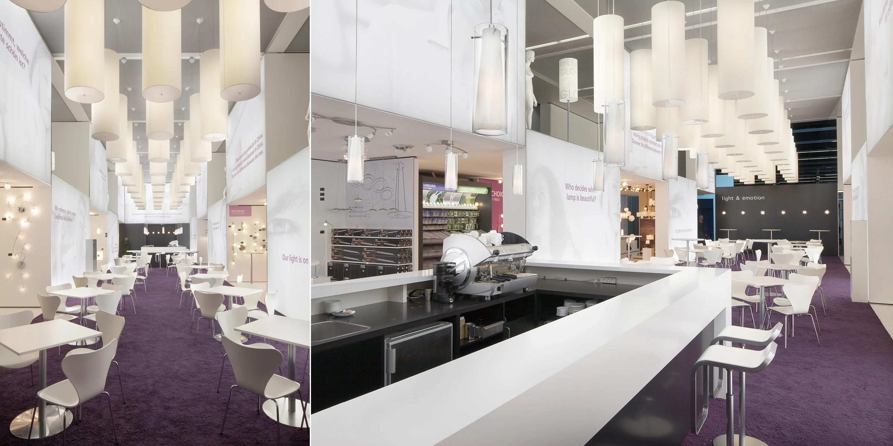 Messeserie EGLO 2010-2012 | Weltweit Ausbau, Temporär, Innenraum, Modular, Wiederverwertbar, Stahltragwerk, Textil, Privat, öffentlich zugänglich, Ausstellung, Café, Architektur, KTP, Kauffmann Theilig Partner, Freie Architekten PartGmbB, Stuttgart, Messe, Markenauftritt, Gastronomie, Bar, Restaurant, Licht, Leuchten, Eglo, Light + Building
