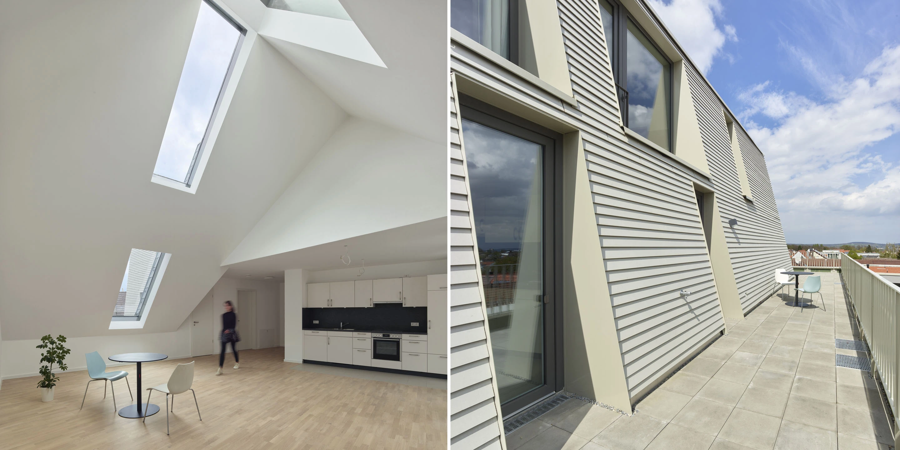 Wohnungsbau für Pflegekräfte | Ostfildern-Ruit Wohnen, Gewerbe, Maisonette, Dachterrasse, Café, Faserzementplatten, Doppelparksystem, Unterkellerung, Gebäudeensembles, Neubau, Gradmann-Stiftung, innerstädtischer Lage Ruit, repräsentative Straßenfront, Reaktion auf Ort und baurechtliche Anforderungen, zwei Gebäude, Wohngebäude, Lochfassade, Innenhof, Parkplätze, Stellplätze, Architektur, KTP, Kauffmann Theilig Partner, Stuttgart, Rendering, Visualisierung