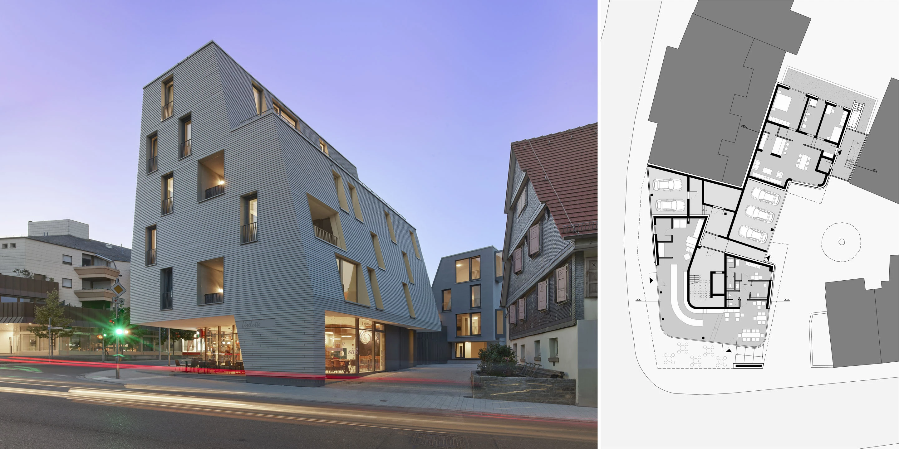 Wohnungsbau für Pflegekräfte | Ostfildern-Ruit Wohnen, Gewerbe, Maisonette, Dachterrasse, Café, Faserzementplatten, Doppelparksystem, Unterkellerung, Gebäudeensembles, Neubau, Gradmann-Stiftung, innerstädtischer Lage Ruit, repräsentative Straßenfront, Reaktion auf Ort und baurechtliche Anforderungen, zwei Gebäude, Wohngebäude, Lochfassade, Innenhof, Parkplätze, Stellplätze, Architektur, KTP, Kauffmann Theilig Partner, Stuttgart, Schwarzplan