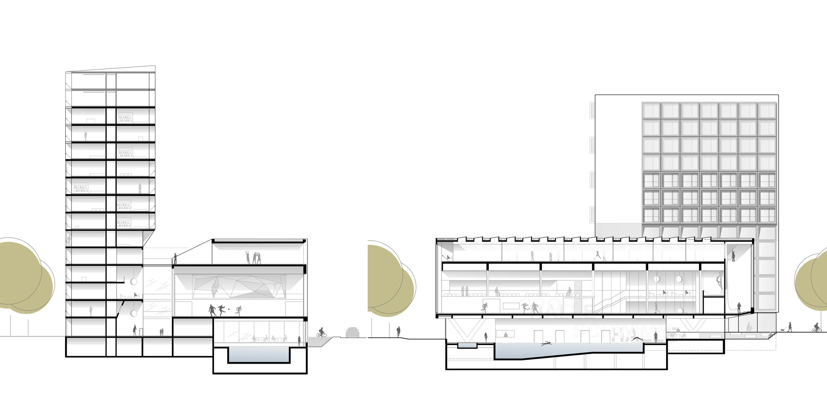 SRH Campus Heidelberg, Wettbewerb, Realisierungswettbewerb, 2. Preis, Wohnen, Wohneinheit, Studentisches Wohnen, Student Appartements, 1- und 2-Zimmer Appartements, Wohnturm, Balkon, Loggia, Neubau, Atrium, Gebäudefuge, Sportgebäude, Sport, Sporteinrichtungen, Baden, Hallenbad, Schwimmbad, Klettern, Kletterwand, Fitness, Sauna, Sporthalle, teilbare Zweifachsporthalle, Dachoberlichter, Tiefgarage, Stellplätze, Behindertenparkplätze, Stahlbeton, Fassade, Aluminium Pfosten Riegelfassade, Lamellen, Baukörper, Städtebau, Architektur, KTP, Kauffmann Theilig Partner, Freie Architekten PartGmbB, Stuttgart, Lageplan, Schnitt, Grundriss, Rendering, Visualisierung