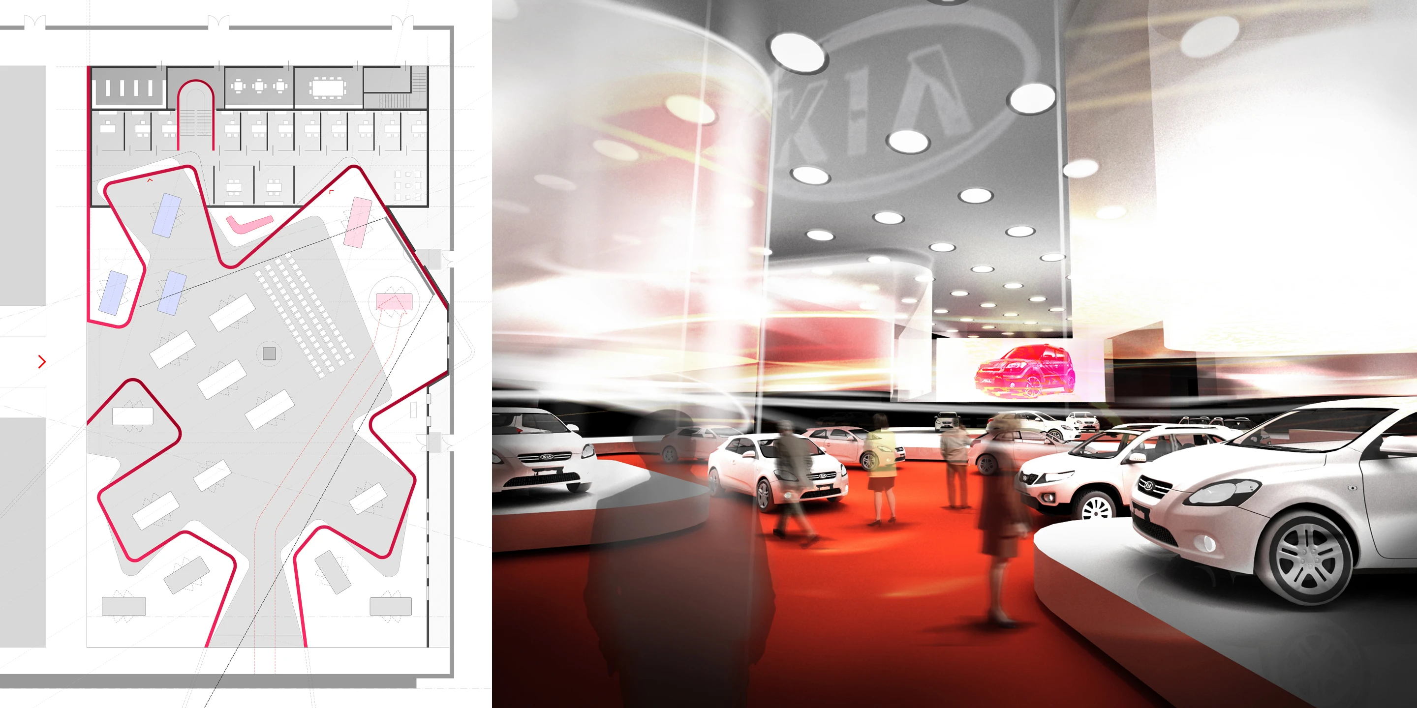 Neubau, Temporär, Konzept, Innenraum, Stahl-Holz-Konstrauktion, Textil, Lichtinstallation, Privat, Ausstellung, Shop, Café, Büro, Architektur, KTP, Kauffmann Theilig Partner, Freie Architekten PartGmbB, Stuttgart, Rendering, Visualisierung, Automobil, Messe, Grundriss, Markenauftritt