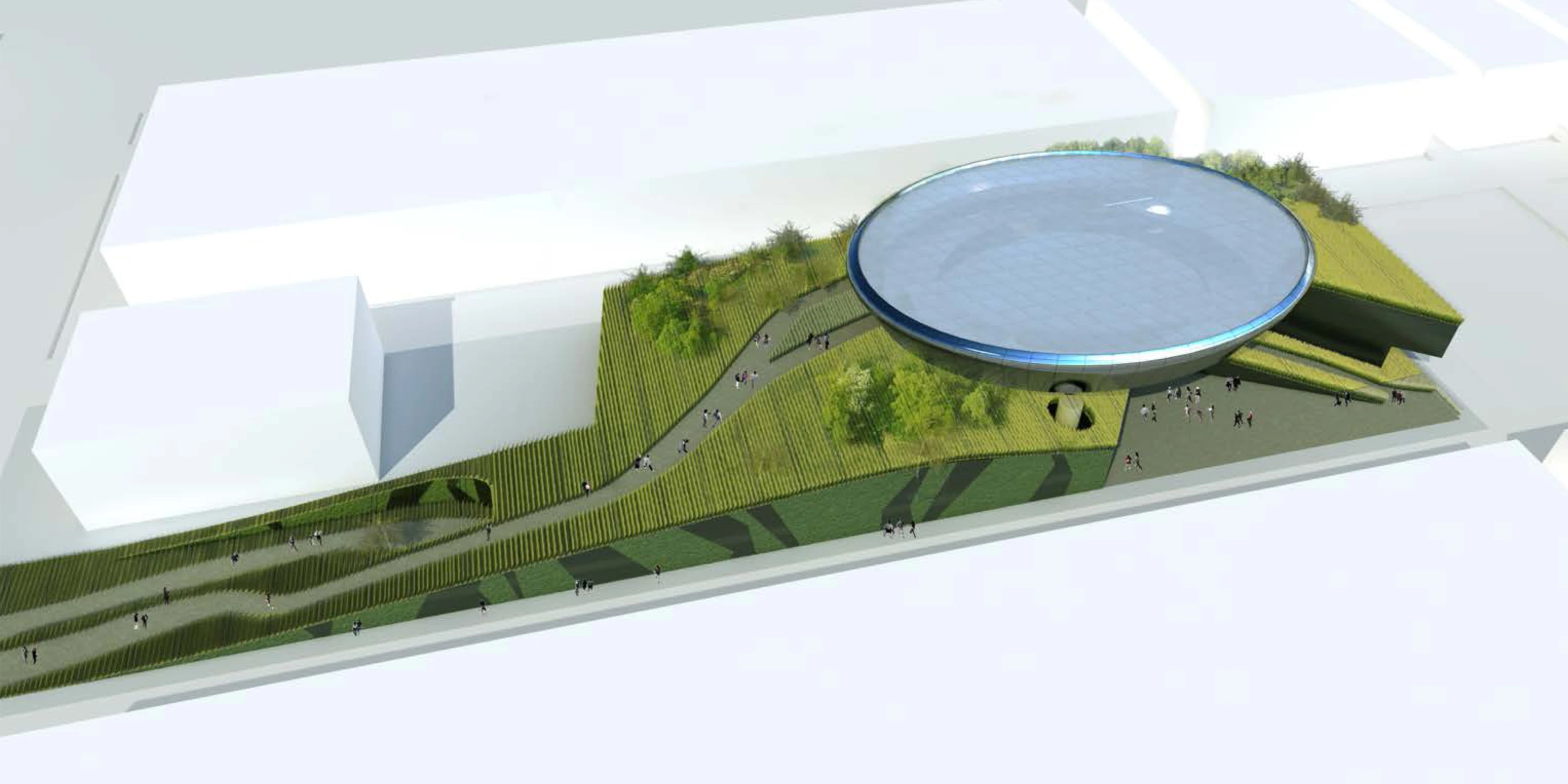 International, Neubau, Temporär, Konzept, Freiform, Medieninstallation, Dachbegrünung, Terrasse, Öffentliche Hand, öffentlich zugänglich, Ausstellung, Shop, Café, Büro, Aufenthalt,  Architektur, KTP, Kauffmann Theilig Partner, Freie Architekten PartGmbB, Stuttgart, Expo, Deutscher Pavillon, Rendering, Visualisierung, Grundriss, Schnitt, Konzept