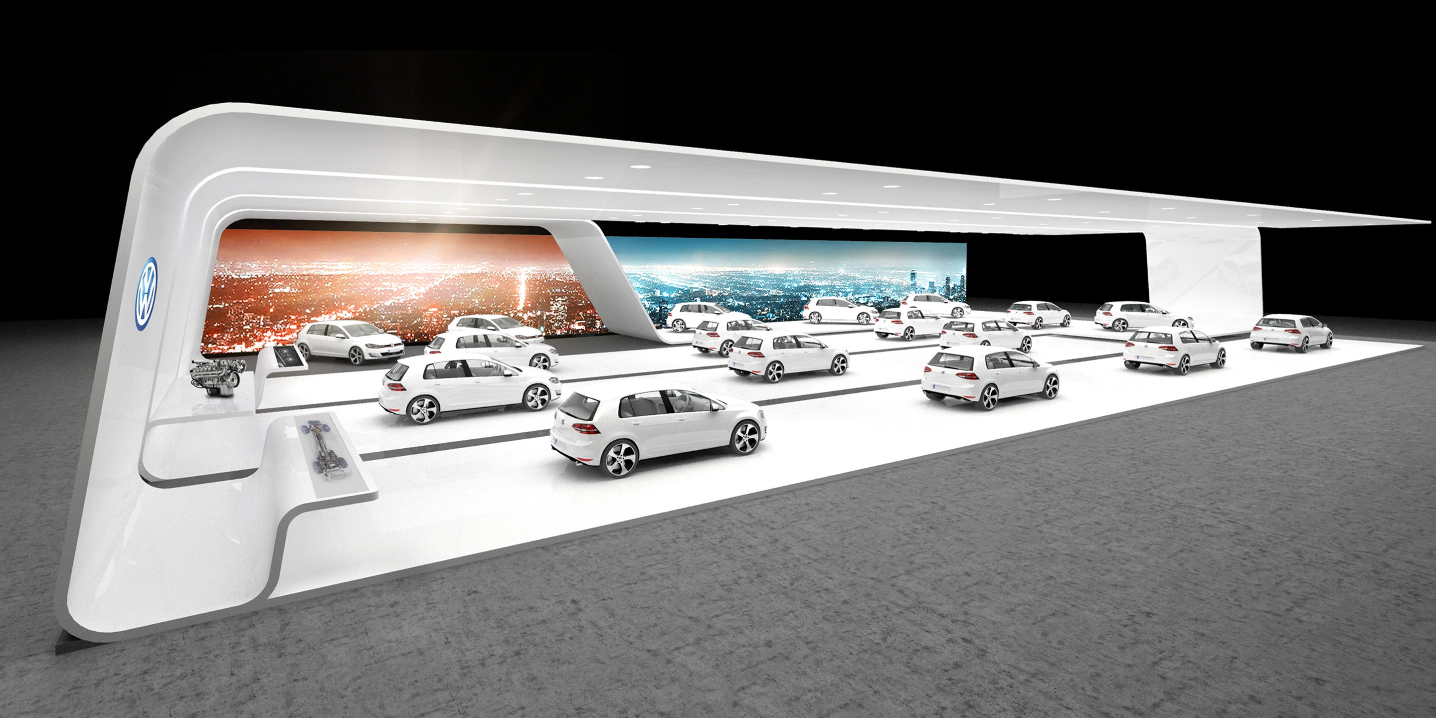 VW B-Messeset | Weltweit Ausbau, Temporär, Konzept, Innenraum, Modular, Wiederverwertbar, Stahl-Holz-Tragwerk, Textil, LED, Lichtinstallation, Privat, öffentlich zugänglich, Ausstellung, Shop, Büro, Café, Messe, Markenauftritt, VW, Volkswagen, B-Messeset, Rendering, Visualisierung, Wettbewerb, Architektur, KTP, Kauffmann Theilig Partner, Stuttgart, Auto, Fahrzeug, Automobil