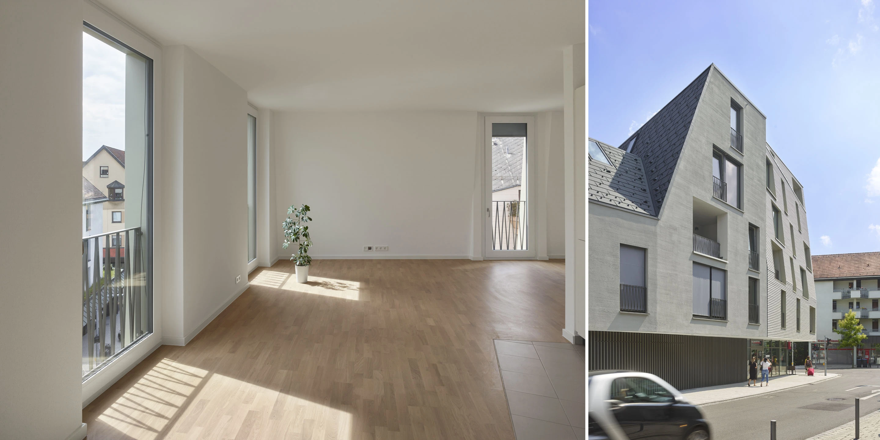 Wohnungsbau für Pflegekräfte | Ostfildern-Ruit Wohnen, Gewerbe, Maisonette, Dachterrasse, Café, Faserzementplatten, Doppelparksystem, Unterkellerung, Gebäudeensembles, Neubau, Gradmann-Stiftung, innerstädtischer Lage Ruit, repräsentative Straßenfront, Reaktion auf Ort und baurechtliche Anforderungen, zwei Gebäude, Wohngebäude, Lochfassade, Innenhof, Parkplätze, Stellplätze, Architektur, KTP, Kauffmann Theilig Partner, Stuttgart, Grundriss