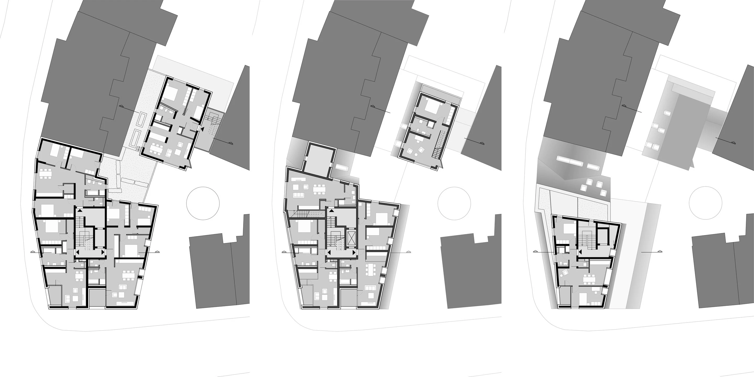 Wohnungsbau für Pflegekräfte | Ostfildern-Ruit Wohnen, Gewerbe, Maisonette, Dachterrasse, Café, Faserzementplatten, Doppelparksystem, Unterkellerung, Gebäudeensembles, Neubau, Gradmann-Stiftung, innerstädtischer Lage Ruit, repräsentative Straßenfront, Reaktion auf Ort und baurechtliche Anforderungen, zwei Gebäude, Wohngebäude, Lochfassade, Innenhof, Parkplätze, Stellplätze, Architektur, KTP, Kauffmann Theilig Partner, Stuttgart, Rendering, Visualisierung