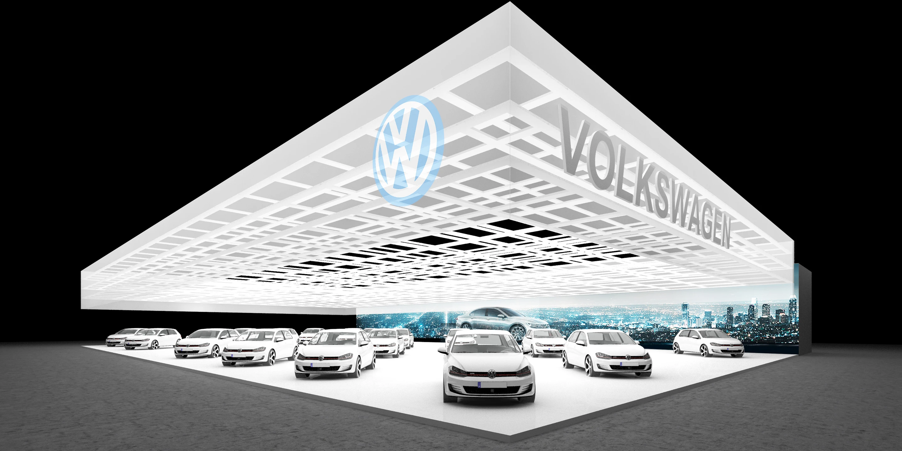 VW B-Messeset | Weltweit Ausbau, Temporär, Konzept, Innenraum, Modular, Wiederverwertbar, Stahl-Holz-Tragwerk, Textil, LED, Lichtinstallation, Privat, öffentlich zugänglich, Ausstellung, Shop, Büro, Café, Messe, Markenauftritt, VW, Volkswagen, B-Messeset, Rendering, Visualisierung, Wettbewerb, Architektur, KTP, Kauffmann Theilig Partner, Stuttgart, Auto, Fahrzeug, Automobil