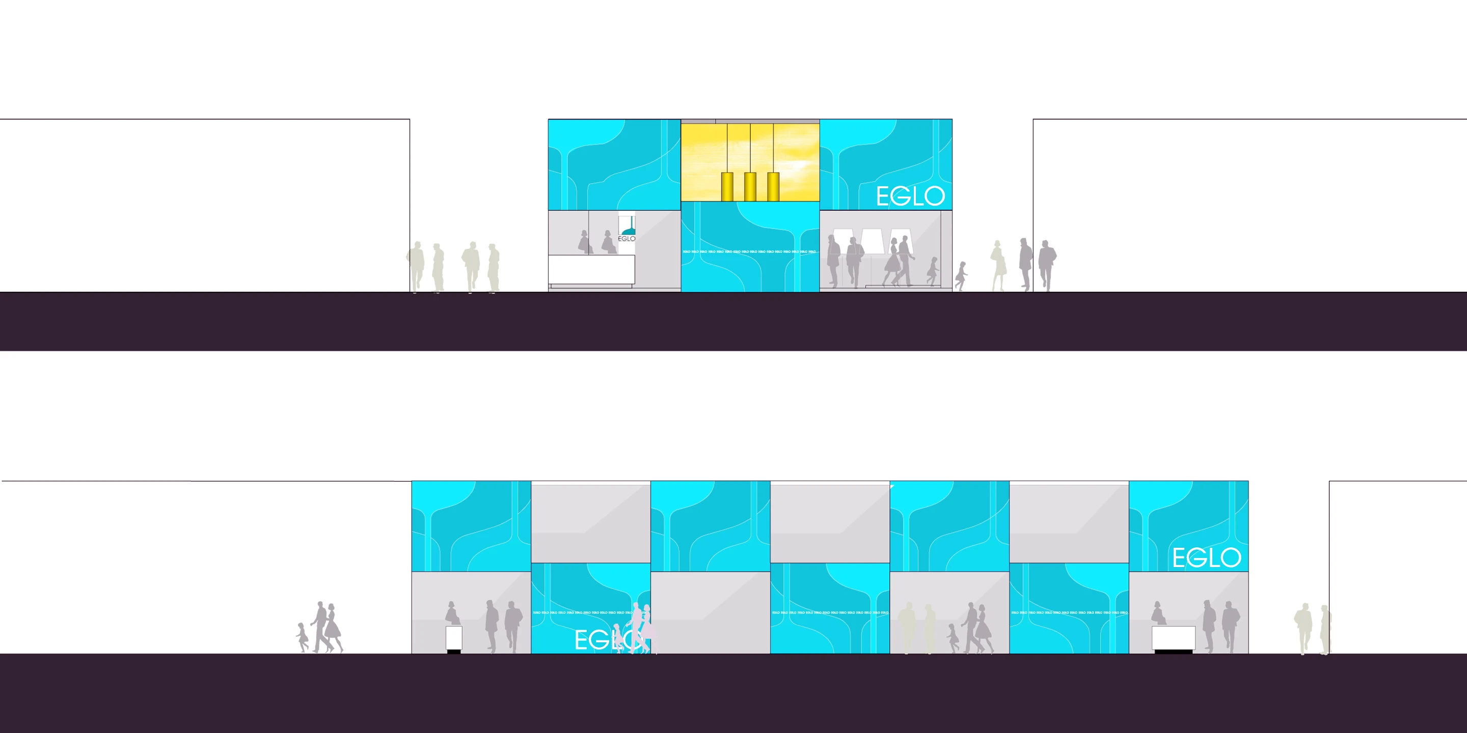 Messeserie EGLO 2010-2012 | Weltweit Ausbau, Temporär, Innenraum, Modular, Wiederverwertbar, Stahltragwerk, Textil, Privat, öffentlich zugänglich, Ausstellung, Café, Architektur, KTP, Kauffmann Theilig Partner, Freie Architekten PartGmbB, Stuttgart, Messe, Markenauftritt, Gastronomie, Bar, Restaurant, Licht, Leuchten, Eglo, Light + Building