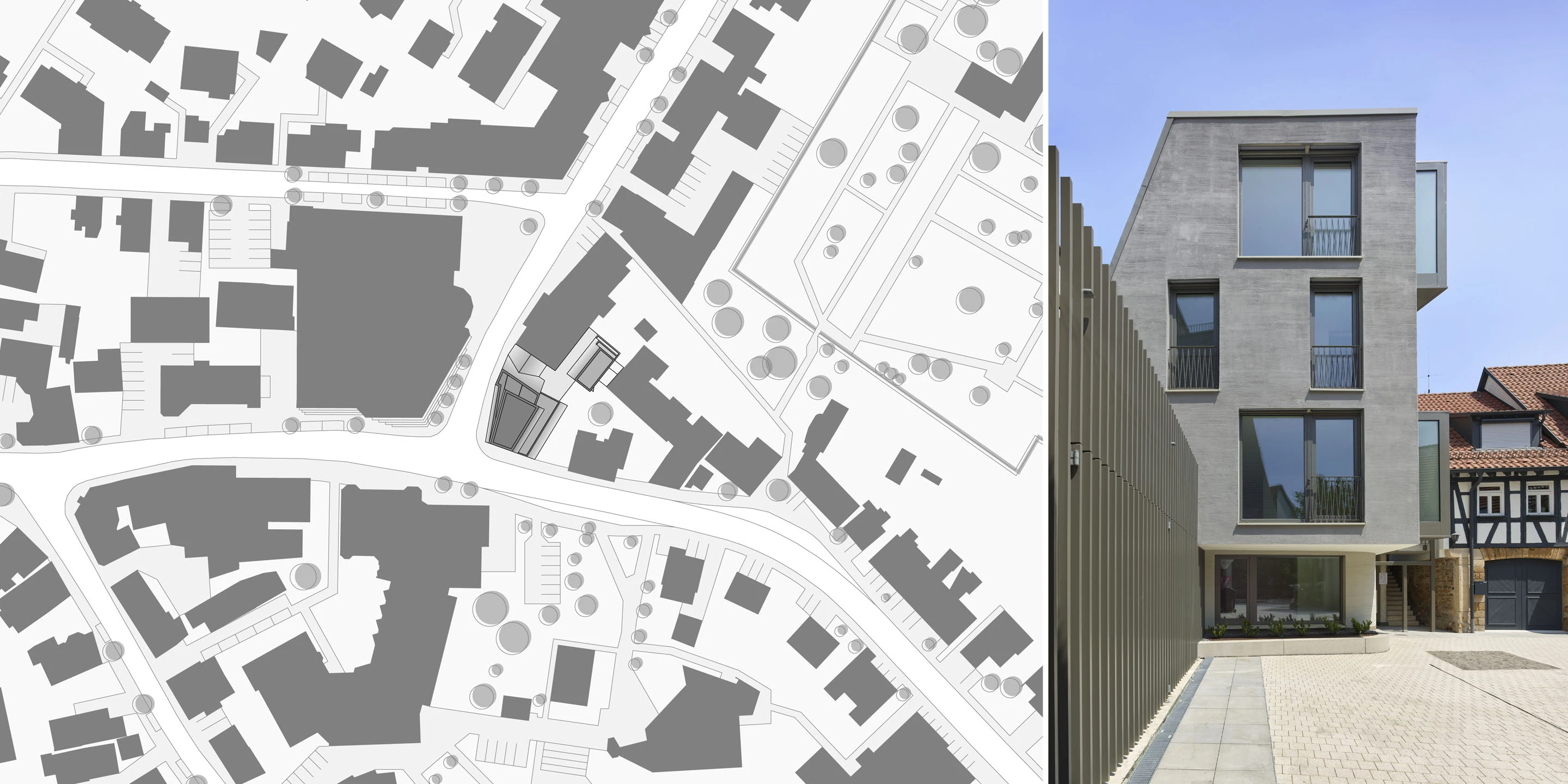 Wohnungsbau für Pflegekräfte | Ostfildern-Ruit Wohnen, Gewerbe, Maisonette, Dachterrasse, Café, Faserzementplatten, Doppelparksystem, Unterkellerung, Gebäudeensembles, Neubau, Gradmann-Stiftung, innerstädtischer Lage Ruit, repräsentative Straßenfront, Reaktion auf Ort und baurechtliche Anforderungen, zwei Gebäude, Wohngebäude, Lochfassade, Innenhof, Parkplätze, Stellplätze, Architektur, KTP, Kauffmann Theilig Partner, Stuttgart, Rendering, Visualisierung