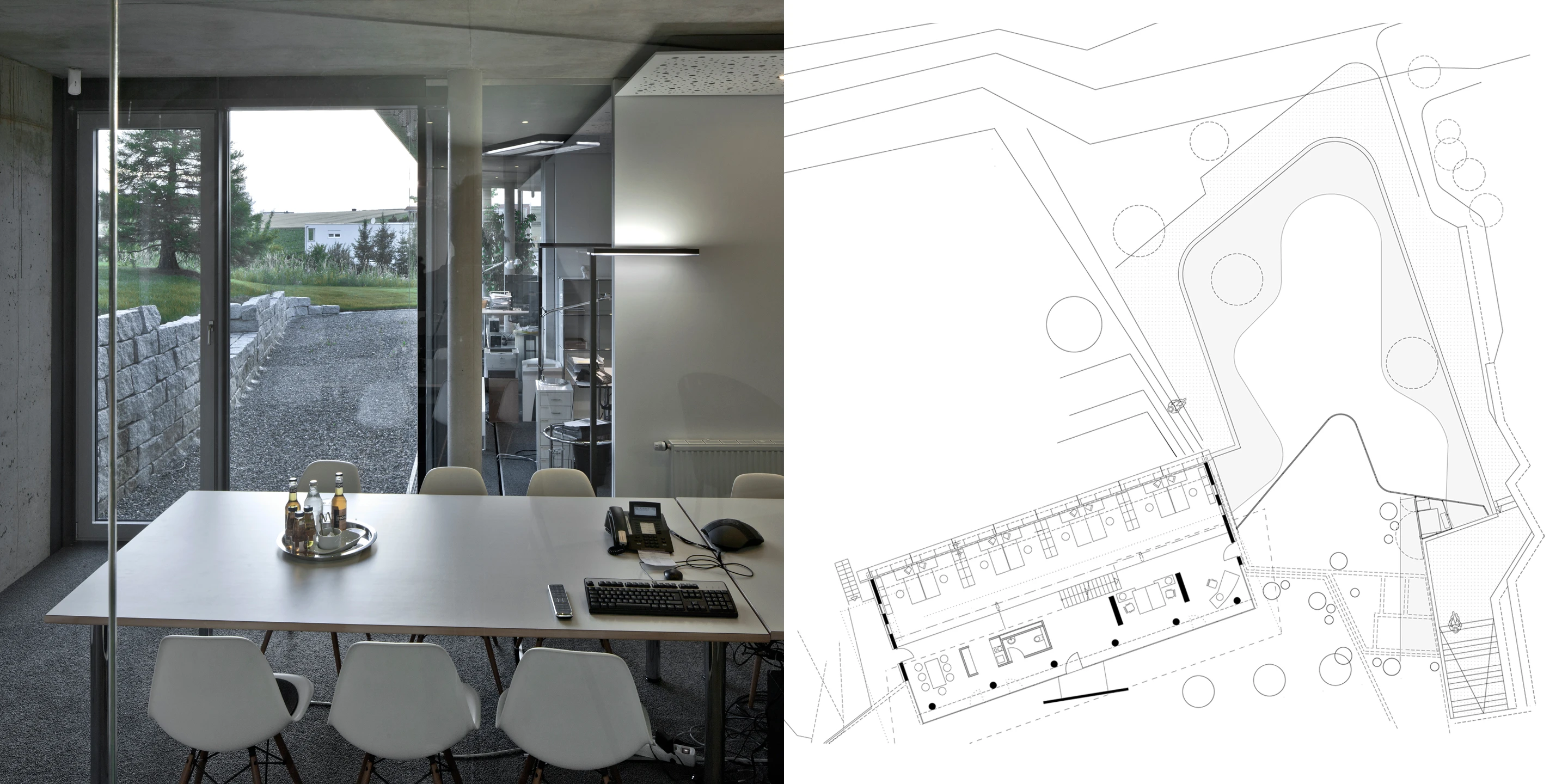 Erweiterung, Bauabschnitte, Freiform, Betontragwerk, Glasfassade, Dachbegrünung, Flachdach, Garten, Privat, Büro, Verwaltung, Architektur, KTP, Kauffmann Theilig Partner, Stuttgart, Agentur, Werbeagentur