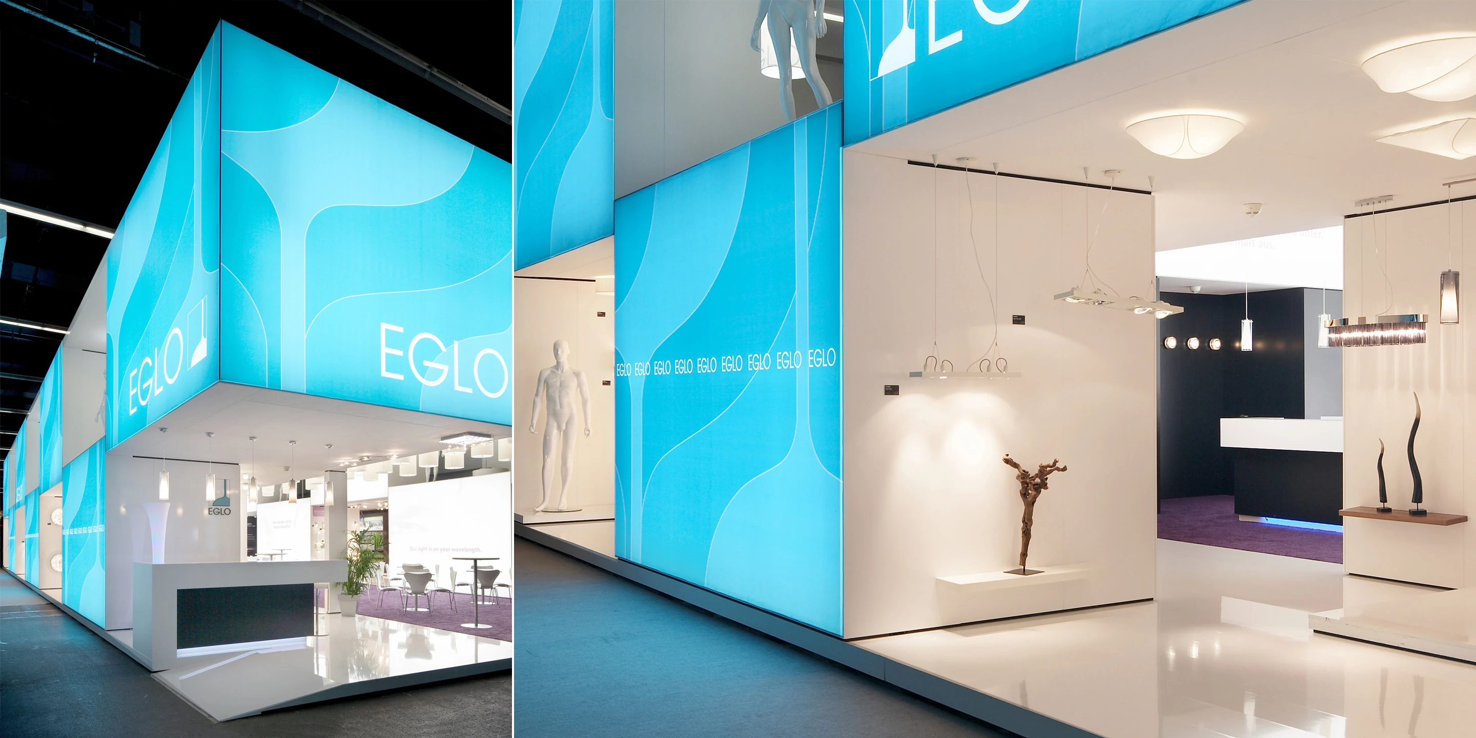 Messeserie EGLO 2010-2012 | Weltweit Ausbau, Temporär, Innenraum, Modular, Wiederverwertbar, Stahltragwerk, Textil, Privat, öffentlich zugänglich, Ausstellung, Café, Architektur, KTP, Kauffmann Theilig Partner, Freie Architekten PartGmbB, Stuttgart, Messe, Markenauftritt, Gastronomie, Bar, Restaurant, Licht, Leuchten, Eglo, Light + Building