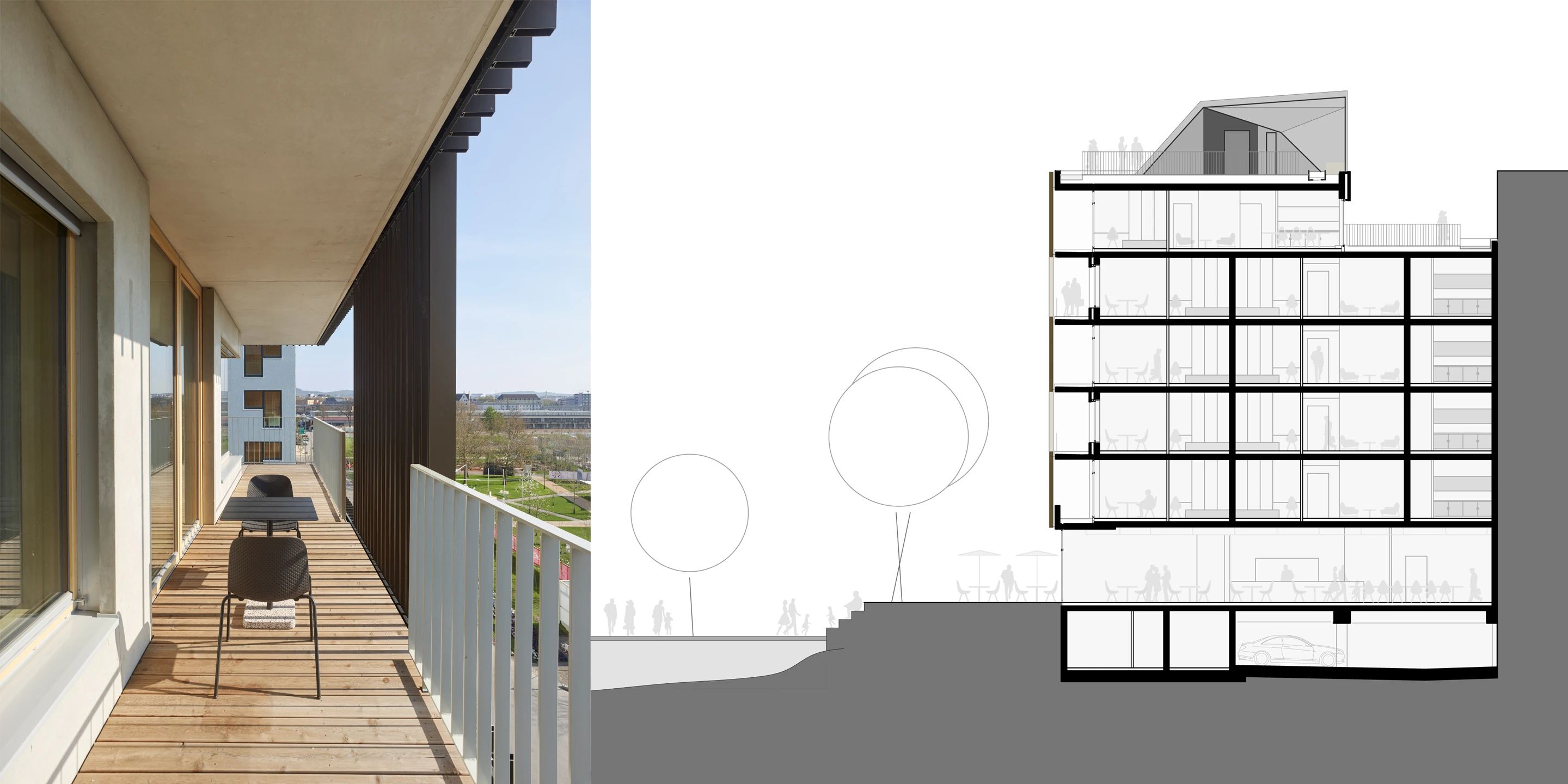Wohnen auf Zeit Neckarbogen | Heilbronn Eckgebäude, Innerstädtisch, Neubau, Städtebau, Betontragwerk, Fertigteile, Lamelle, Metallfassade, Flachdach, Tiefgarage, Innenhof, Balkone, Investor, öffentlich zugänglich, Lamelle, Wohnen, Café, Service, Quatier, Gastronomie, Neckarbogen, Heilbronn, Quartier, Baordinghouse, Wohnung, Loggia, Dachlandschaft, Wohnungen, BUGA-Gelände, Fassade, Architektur, KTP, Kauffmann Theilig Partner, Freie Architekten PartGmbB, Stuttgart,