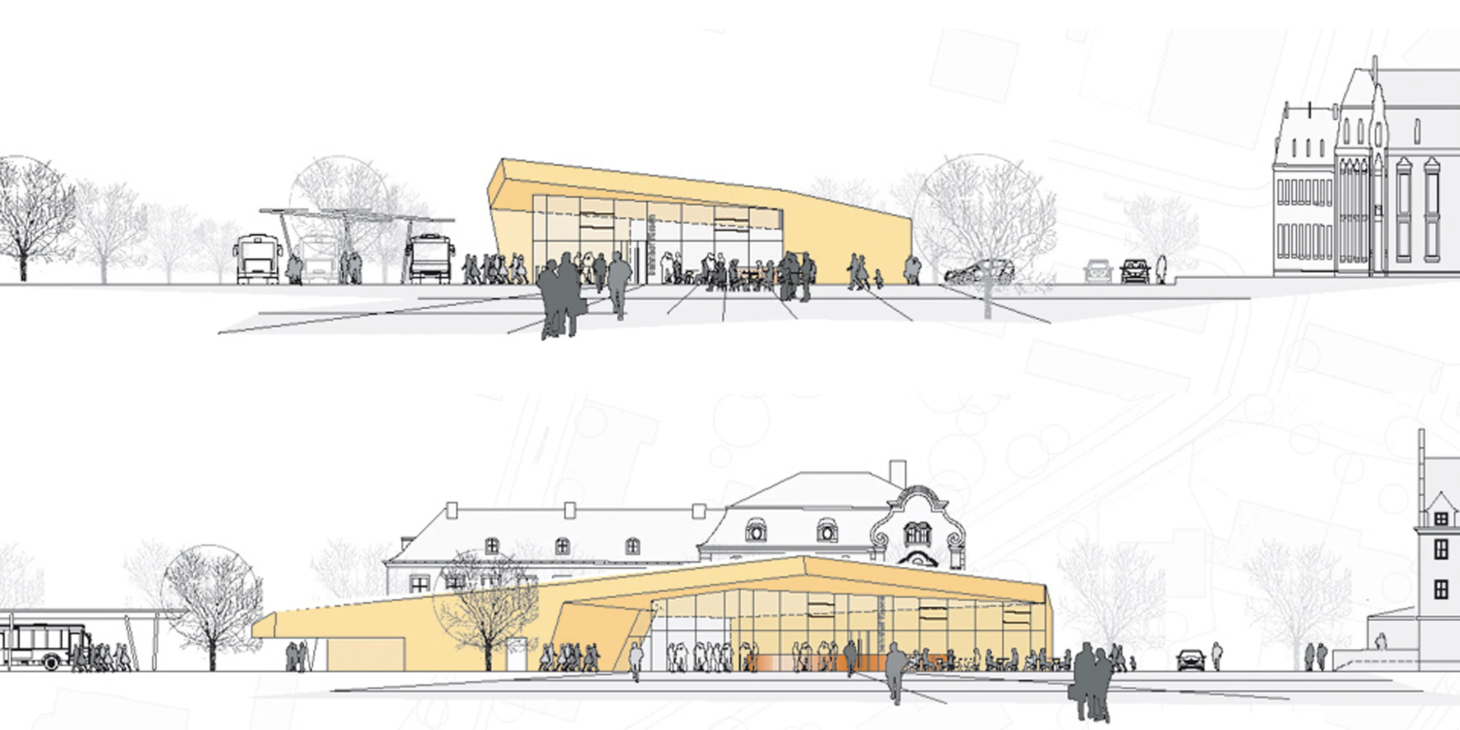 Bahnhof und Umfeld | Füssen Innerstädtisch, Neubau, Freiform, Konzept, Betontragwerk, Metallfassade, Platz, Privat, Generalplaner, öffentlich zugänglich, Bahnhof, Busbahnhof, Transport, Verkehr, Architektur, KTP, Kauffmann Theilig Partner, Freie Architekten PartGmbB, Stuttgart