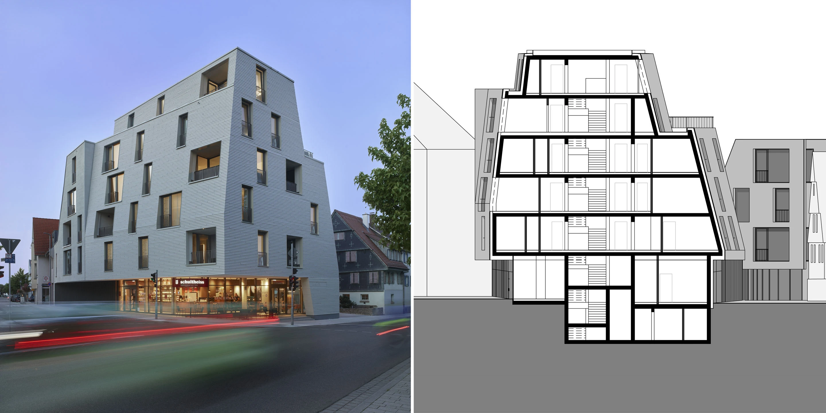 Wohnungsbau für Pflegekräfte | Ostfildern-Ruit Wohnen, Gewerbe, Maisonette, Dachterrasse, Café, Faserzementplatten, Doppelparksystem, Unterkellerung, Gebäudeensembles, Neubau, Gradmann-Stiftung, innerstädtischer Lage Ruit, repräsentative Straßenfront, Reaktion auf Ort und baurechtliche Anforderungen, zwei Gebäude, Wohngebäude, Lochfassade, Innenhof, Parkplätze, Stellplätze, Architektur, KTP, Kauffmann Theilig Partner, Stuttgart, Schnitt