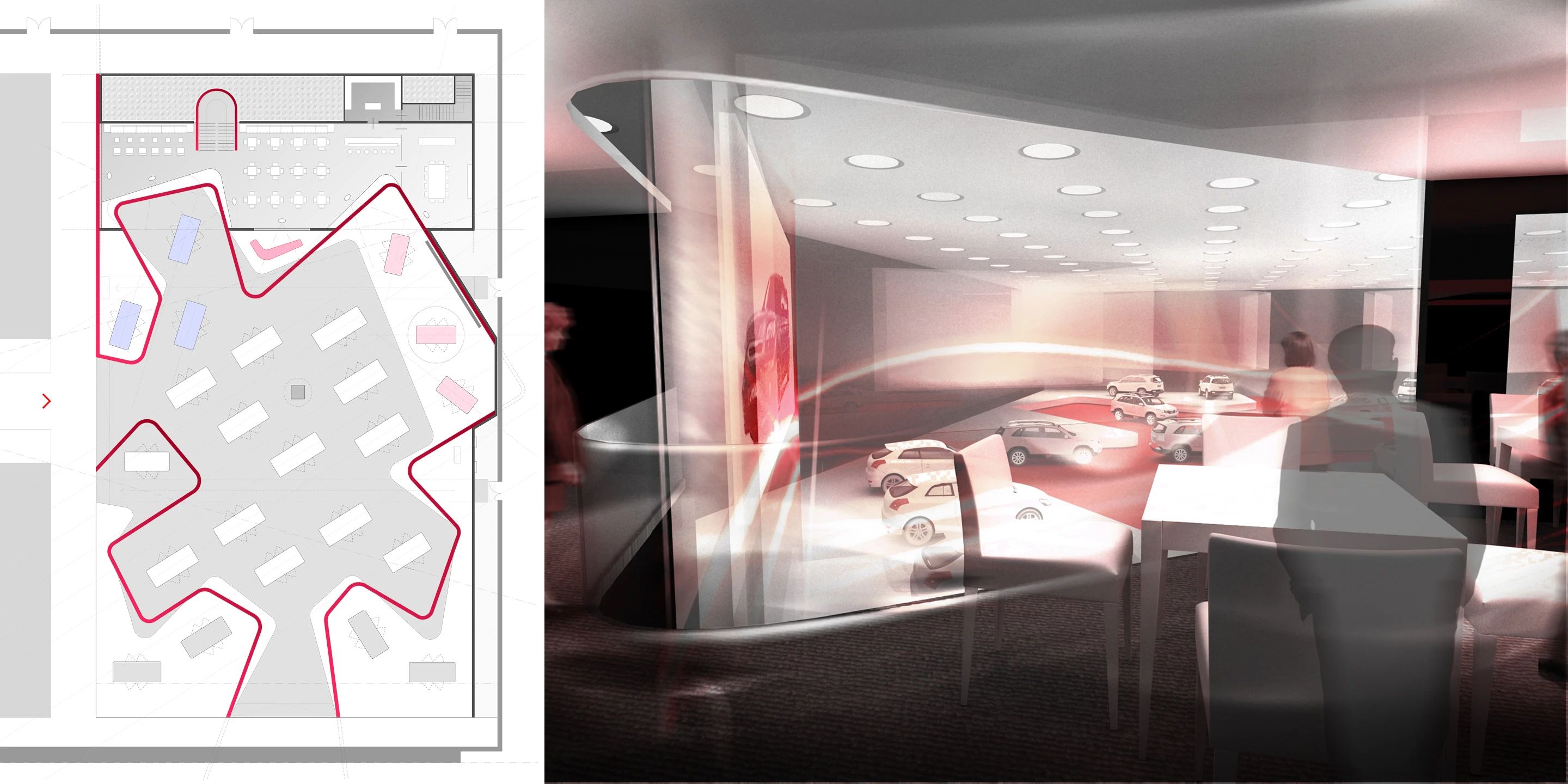 Neubau, Temporär, Konzept, Innenraum, Stahl-Holz-Konstrauktion, Textil, Lichtinstallation, Privat, Ausstellung, Shop, Café, Büro, Architektur, KTP, Kauffmann Theilig Partner, Freie Architekten PartGmbB, Stuttgart, Rendering, Visualisierung, Automobil, Messe, Grundriss, Markenauftritt