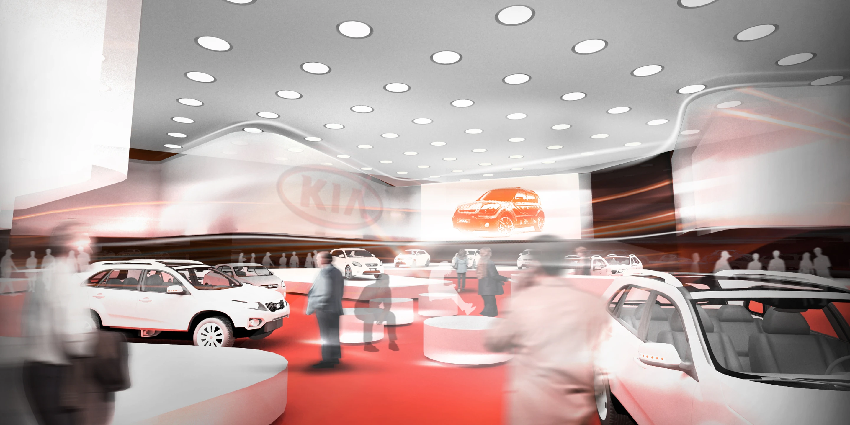 Neubau, Temporär, Konzept, Innenraum, Stahl-Holz-Konstrauktion, Textil, Lichtinstallation, Privat, Ausstellung, Shop, Café, Büro, Architektur, KTP, Kauffmann Theilig Partner, Freie Architekten PartGmbB, Stuttgart, Rendering, Visualisierung, Automobil, Messe, Grundriss, Markenauftritt