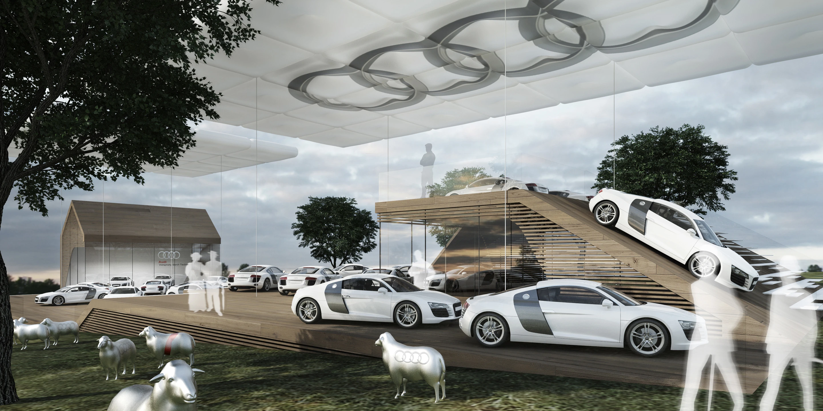 Audi Festival of Speed 2015 | Goodwood Solitär, Neubau, Temporär, Konzept, Modular, Wiederverwertbar, Stahl-Holz-Tragwerk, Holzfassade, PVC-Folie, Garten, Privat, öffentlich zugänglich, Ausstellung, Café, Aufenthalt, Shop, Architektur, KTP, Kauffmann Theilig Partner, Freie Architekten PartGmbB, Stuttgart