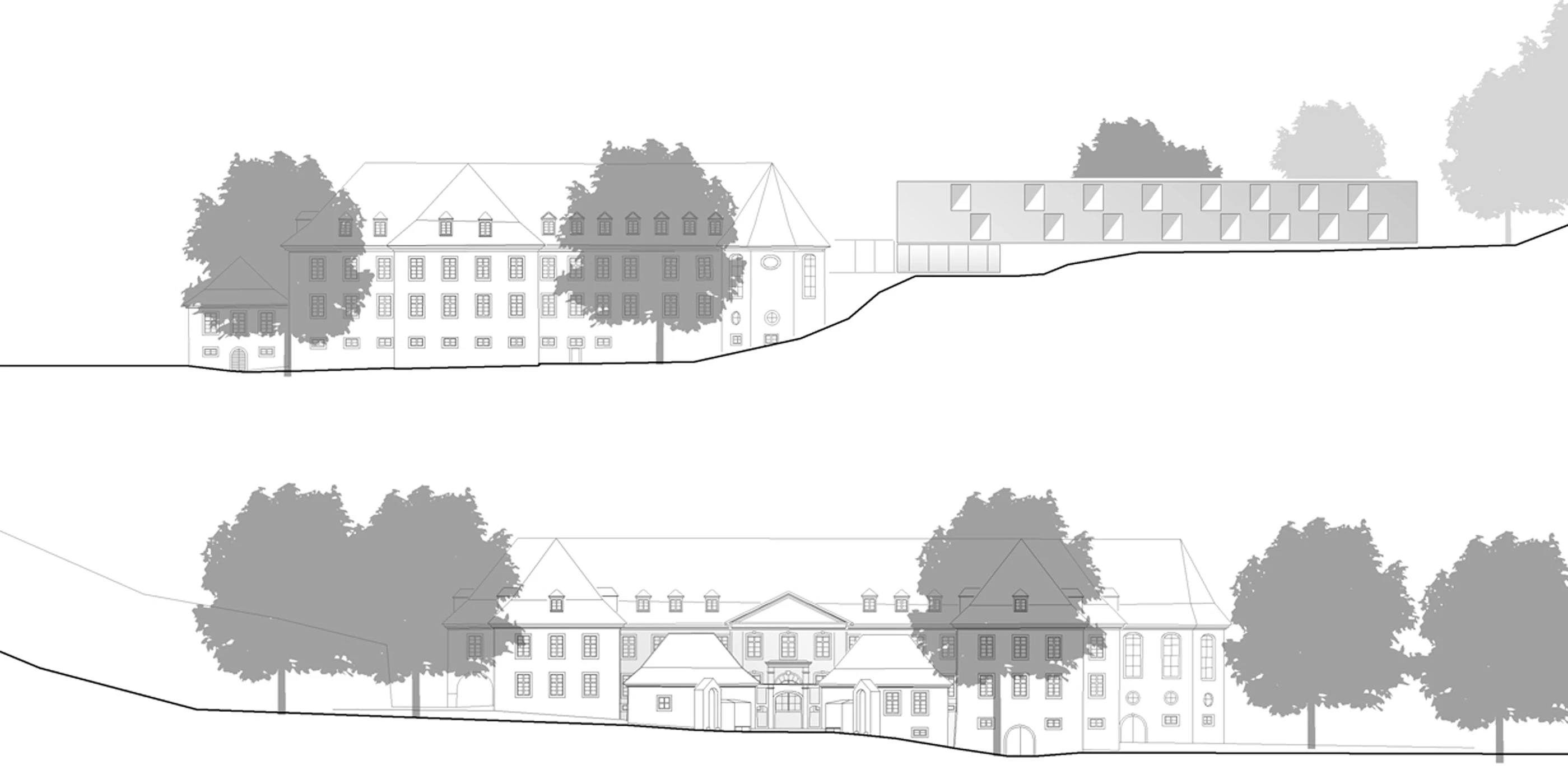 b, 3. Preis, CompetDenkmalschutz, Erweiterung, Konzept, Betontragwerk, Glasfassade, Flachdach, Dachbegrünung, Garten, Privat, Wohnen, Mensa, Aufenthalt, Architektur, KTP, Kauffmann Theilig Partner, Freie Architekten PartGmbB, Stuttgartitionline, Renderings, Visualisierung, Architektur, KTP, Kauffmann Theilig Partner, Freie Architekten PartGmbB, Stuttgart, Lageplan, Schnitt, Grundriss, Modell