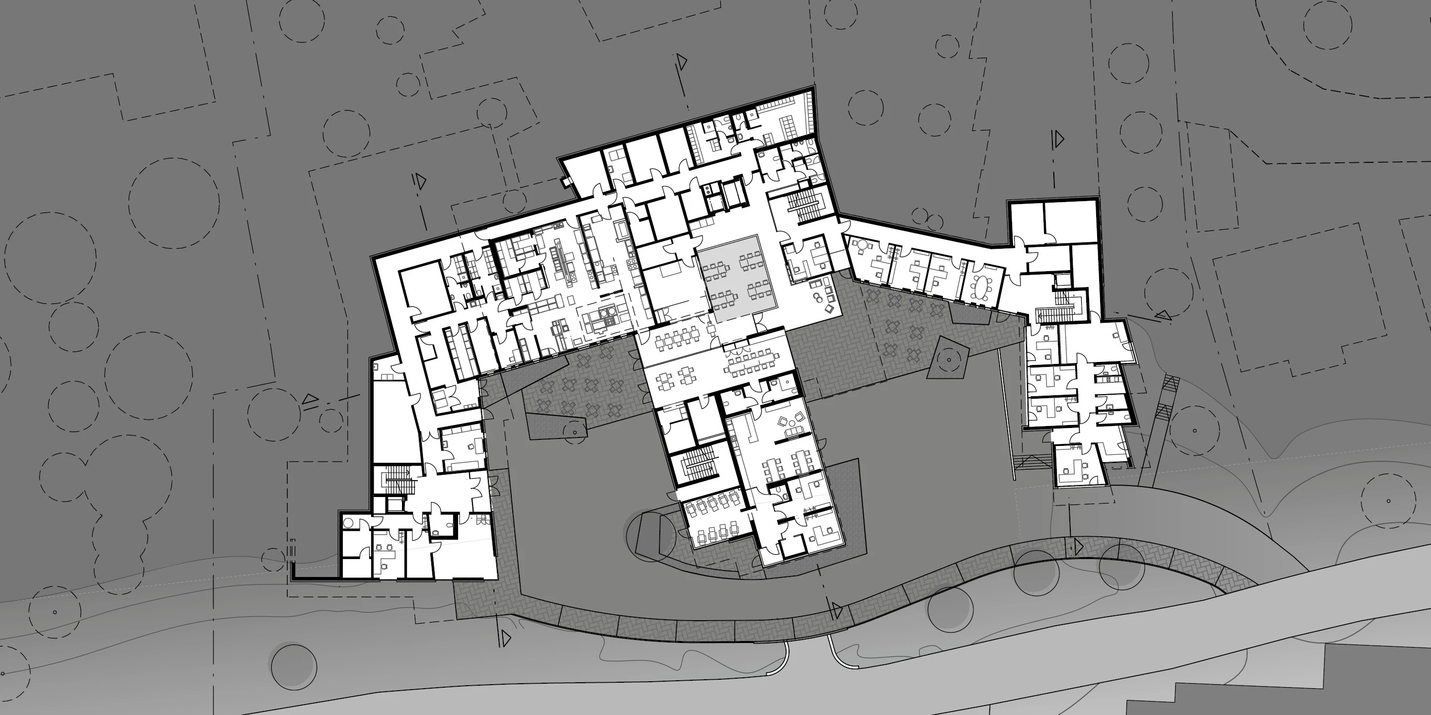 Seniorenzentrum Haus Waldenfels | Bad Brückenau Innerstädtisch, Neubau, Städtebau, Betontragwerk, WDVS, Flachdach, Dachbegrünung,Tiefgarage, Garten, Terrassen, Balkon, Platz, Erker, Atrium, Öffentliche Hand, öffentlich zugänglich, Großprojekt, Wohnen, Pflege, Restaurant, Aufenthalt, Büro, Verwaltung, Shops, Bad Brückenau, Seniorenwohnen, Gastronomie, Landschaft, Gesundheit, Sozial, Terrasse, Dachbegrünung, Kantine, KTP, Architektur, Kauffmann Theilig Partner, Stuttgart, Fassade