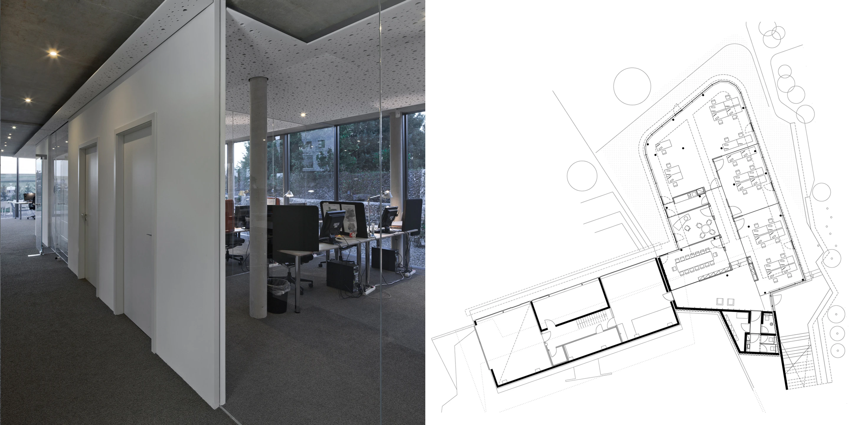 Erweiterung, Bauabschnitte, Freiform, Betontragwerk, Glasfassade, Dachbegrünung, Flachdach, Garten, Privat, Büro, Verwaltung, Architektur, KTP, Kauffmann Theilig Partner, Stuttgart, Agentur, Werbeagentur