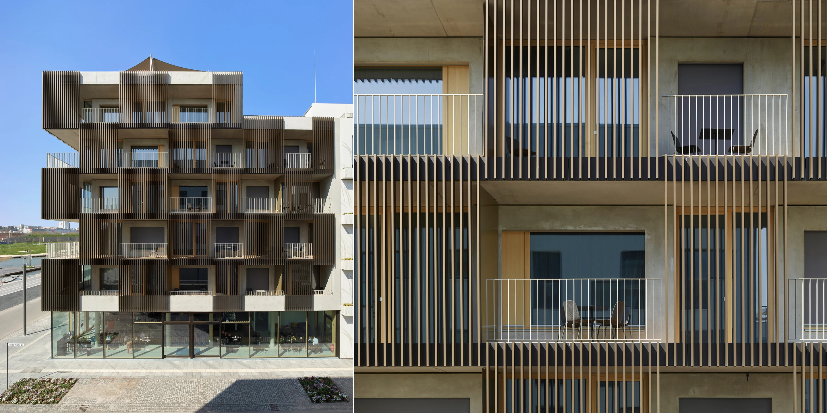Wohnen auf Zeit Neckarbogen | Heilbronn Eckgebäude, Innerstädtisch, Neubau, Städtebau, Betontragwerk, Fertigteile, Lamelle, Metallfassade, Flachdach, Tiefgarage, Innenhof, Balkone, Investor, öffentlich zugänglich, Lamelle, Wohnen, Café, Service, Quatier, Gastronomie, Neckarbogen, Heilbronn, Quartier, Baordinghouse, Wohnung, Loggia, Dachlandschaft, Wohnungen, BUGA-Gelände, Fassade, Architektur, KTP, Kauffmann Theilig Partner, Freie Architekten PartGmbB, Stuttgart,