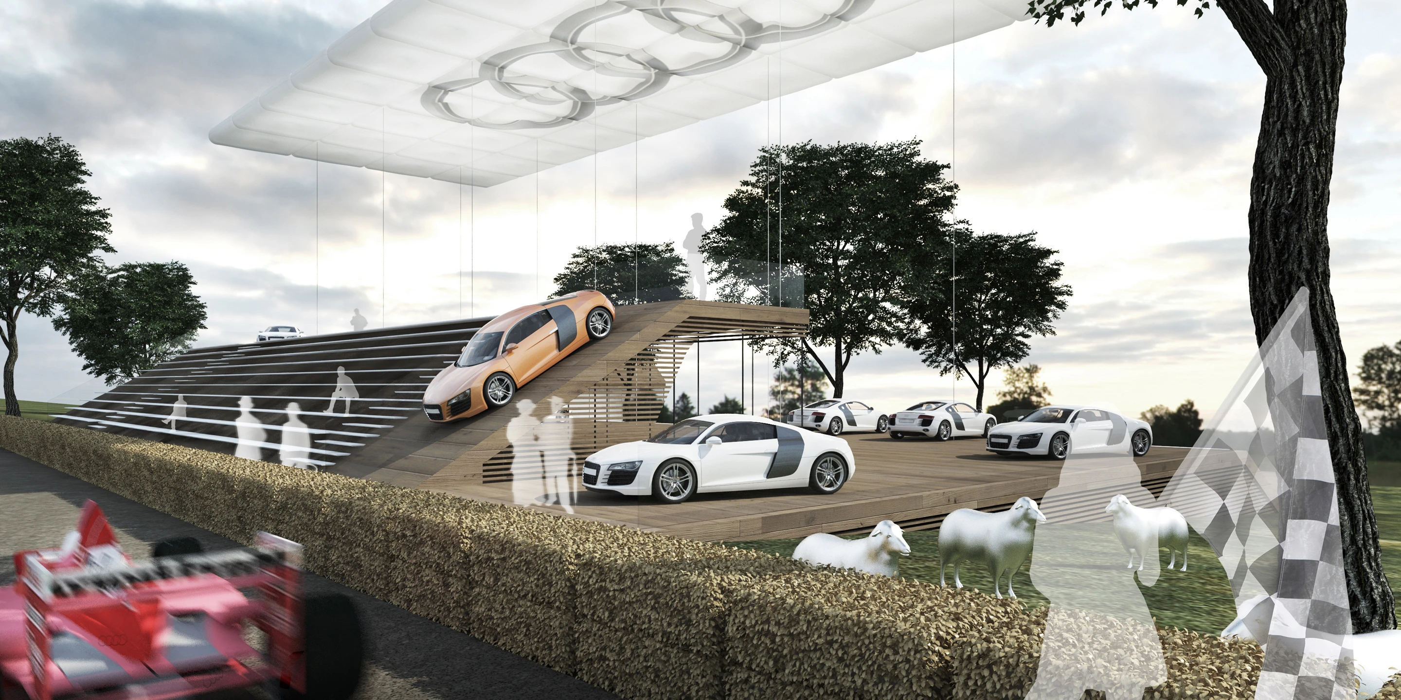 Audi Festival of Speed 2015 | Goodwood Solitär, Neubau, Temporär, Konzept, Modular, Wiederverwertbar, Stahl-Holz-Tragwerk, Holzfassade, PVC-Folie, Garten, Privat, öffentlich zugänglich, Ausstellung, Café, Aufenthalt, Shop, Architektur, KTP, Kauffmann Theilig Partner, Freie Architekten PartGmbB, Stuttgart