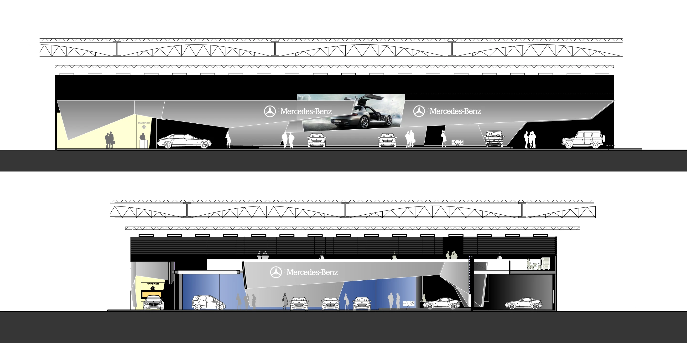 Mercedes-Benz Mondial de l'Automobile 2010 | Paris Neubau, Innenraum, Modular, Stahl-Holz-Konstruktion, Markenband, LED, Lichtinstallation, Privat, öffentlich zugänglich, Ausstellung, Shop, Café, Mercedes Benz, Architektur, KTP, Kauffmann Theilig Partner, Freie Architekten PartGmbB, Stuttgart,