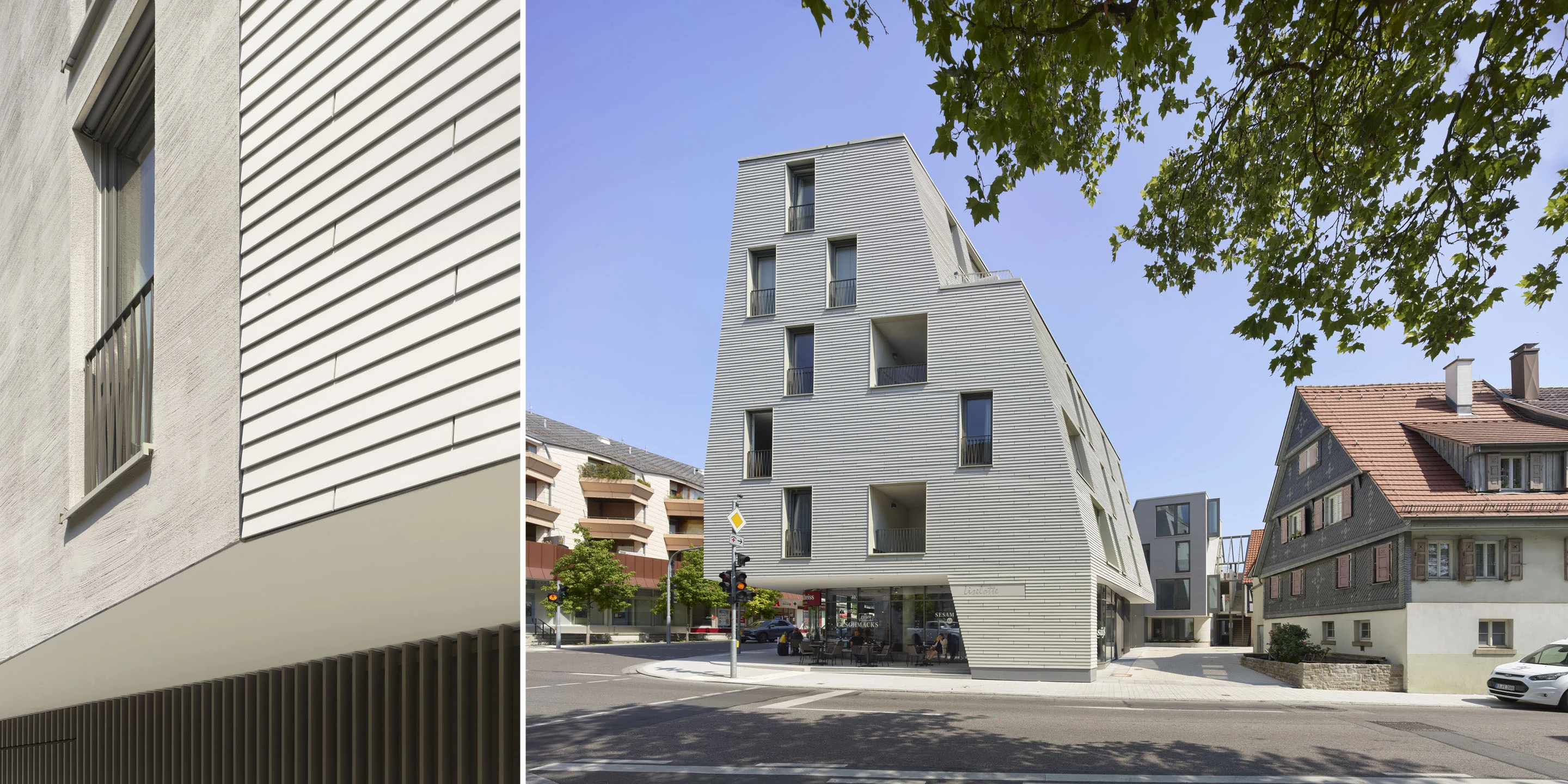 Wohnungsbau für Pflegekräfte | Ostfildern-Ruit Wohnen, Gewerbe, Maisonette, Dachterrasse, Café, Faserzementplatten, Doppelparksystem, Unterkellerung, Gebäudeensembles, Neubau, Gradmann-Stiftung, innerstädtischer Lage Ruit, repräsentative Straßenfront, Reaktion auf Ort und baurechtliche Anforderungen, zwei Gebäude, Wohngebäude, Lochfassade, Innenhof, Parkplätze, Stellplätze, Architektur, KTP, Kauffmann Theilig Partner, Stuttgart, Rendering, Visualisierung