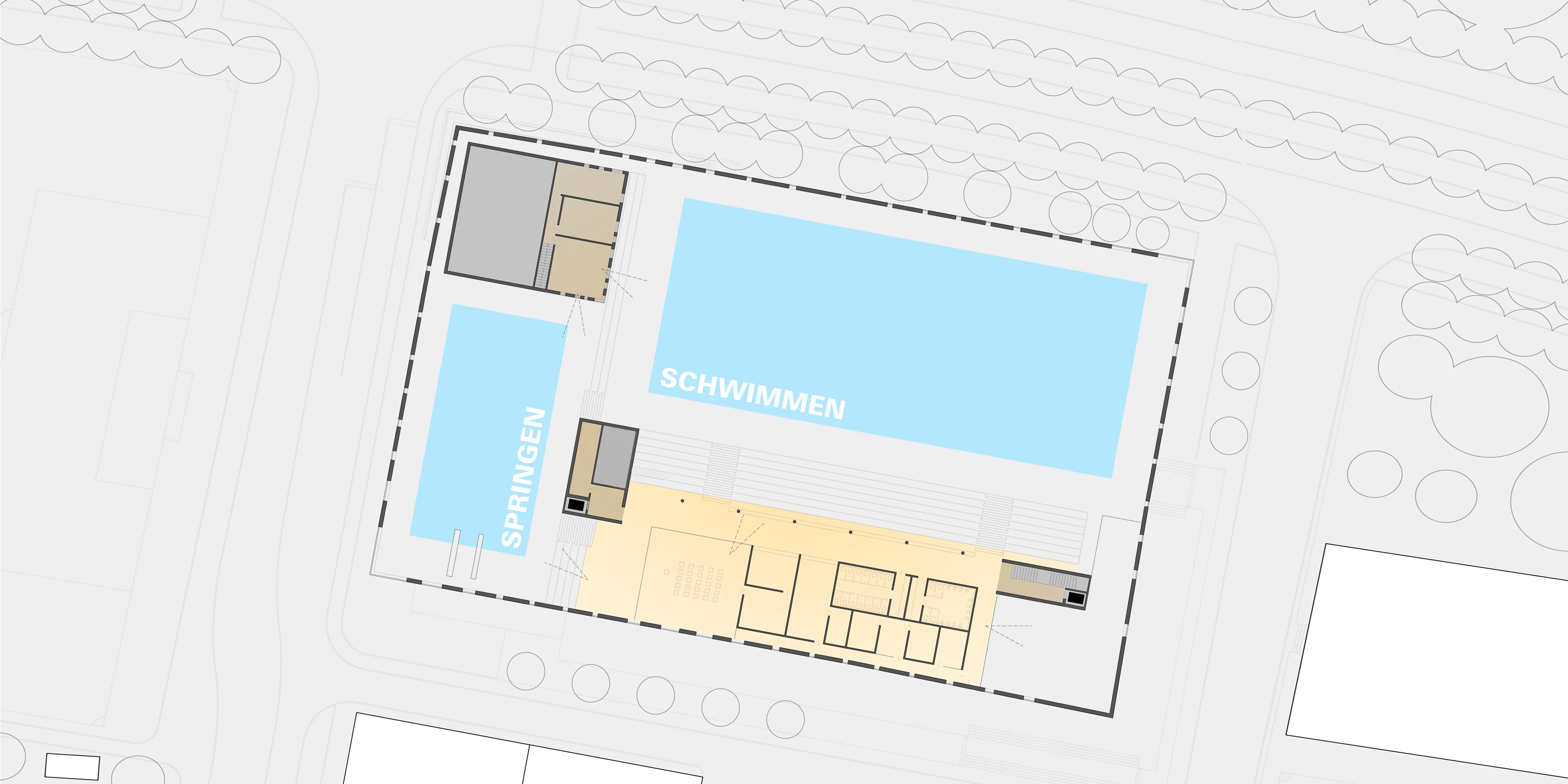 Sporthallenbad Neckarpark | Stuttgart Innerstädtisch, Neubau, Konzept, Stahl-Beton-Tragwerk, Glasfassade, Parkplatz, Sportflächen, Öffentliche Hand, Großprojekt, öffentlich zugänglich, Baden, Sport, Gastronomie, Architektur, KTP, Kauffmann Theilig Partner, Freie Architekten PartGmbB, Stuttgart