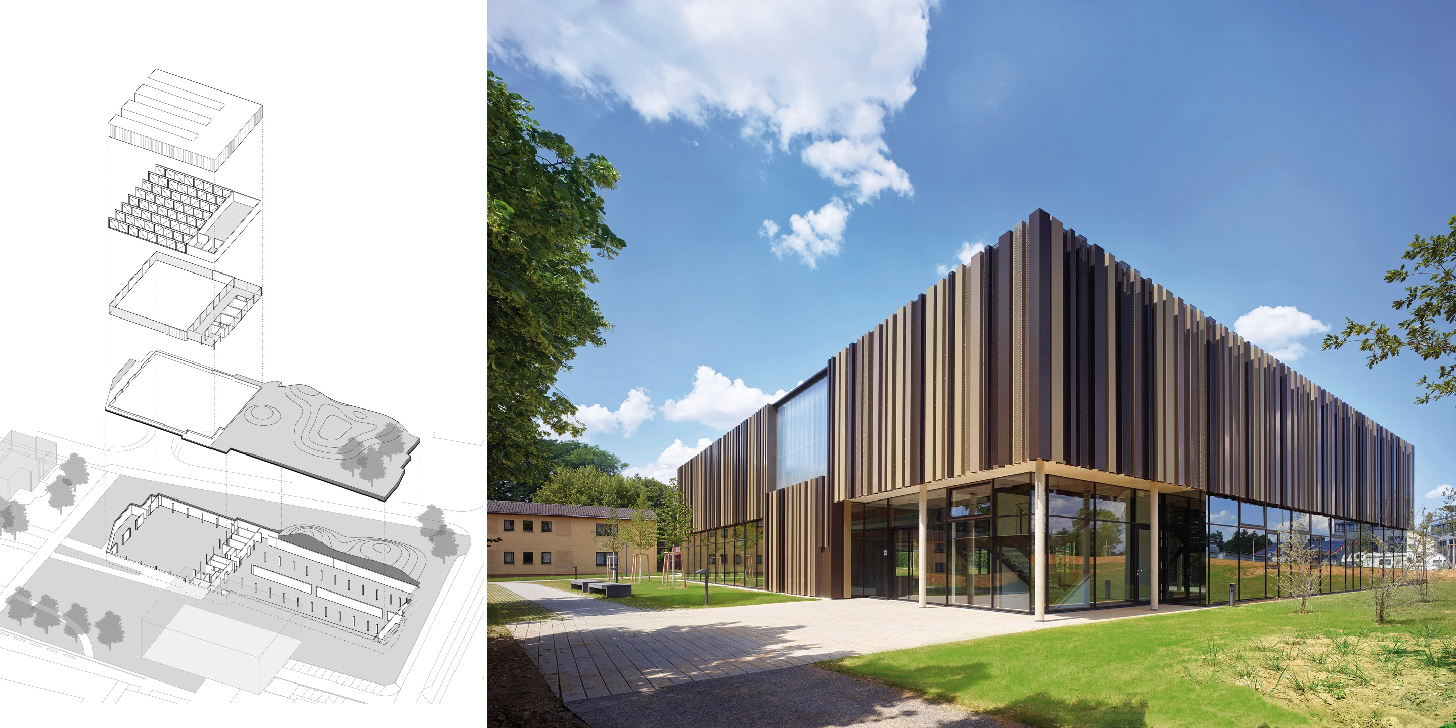 Solitär, Neubau, Beton-Holz-Tragwerk, Glasfassade, Metallfassade, Flachdach, Dachbegrünung, Park, Privat, Sport, Schießen, Büro, Schulung, Architektur, KTP, Kauffmann Theilig Partner, Freie Architekten PartGmbB, Stuttgart
