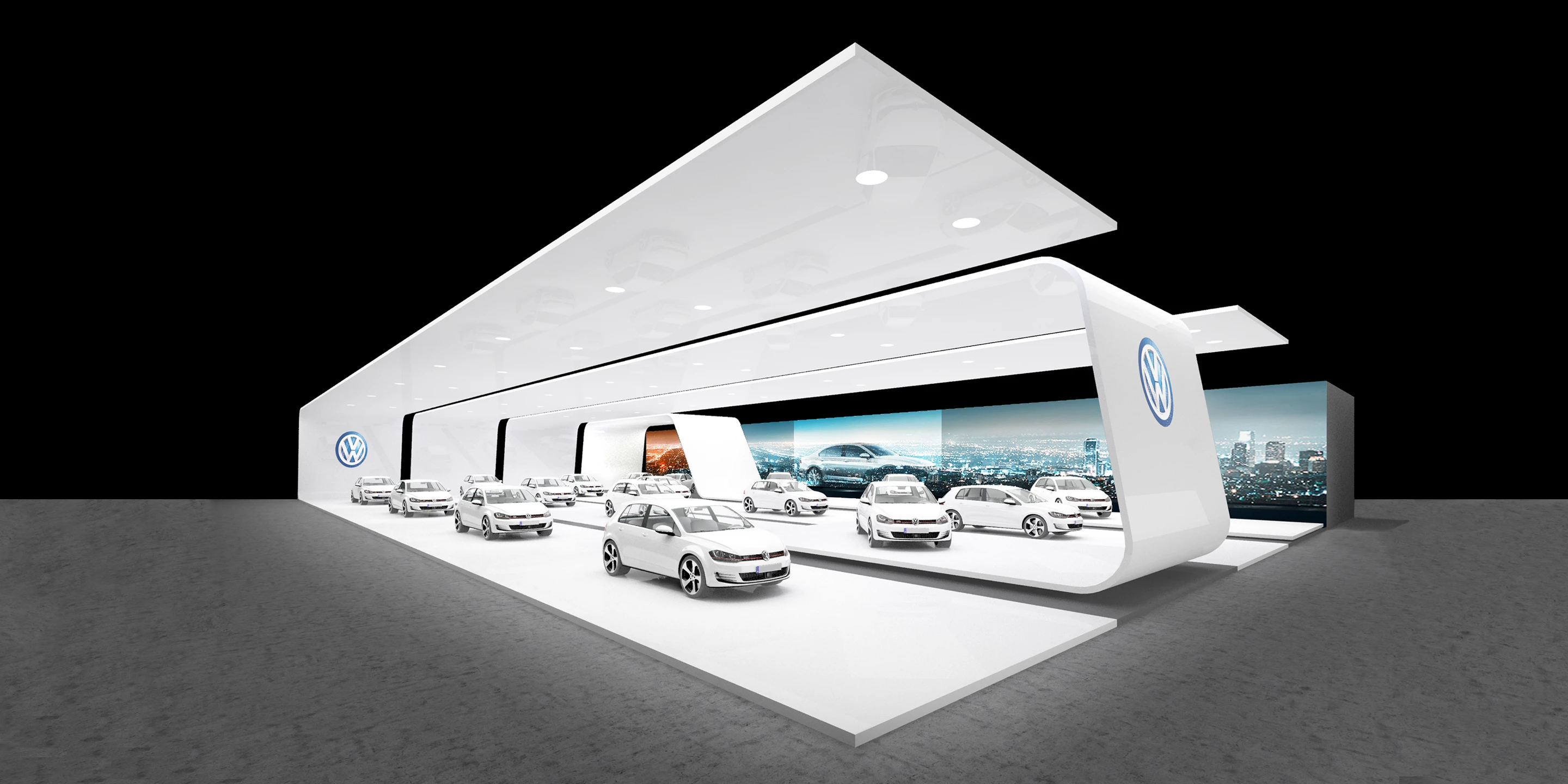 VW B-Messeset | Weltweit Ausbau, Temporär, Konzept, Innenraum, Modular, Wiederverwertbar, Stahl-Holz-Tragwerk, Textil, LED, Lichtinstallation, Privat, öffentlich zugänglich, Ausstellung, Shop, Büro, Café, Messe, Markenauftritt, VW, Volkswagen, B-Messeset, Rendering, Visualisierung, Wettbewerb, Architektur, KTP, Kauffmann Theilig Partner, Stuttgart, Auto, Fahrzeug, Automobil